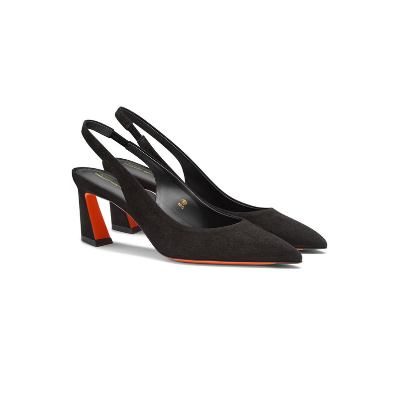 Santoni Women's black suede mid-heel slingback outlook