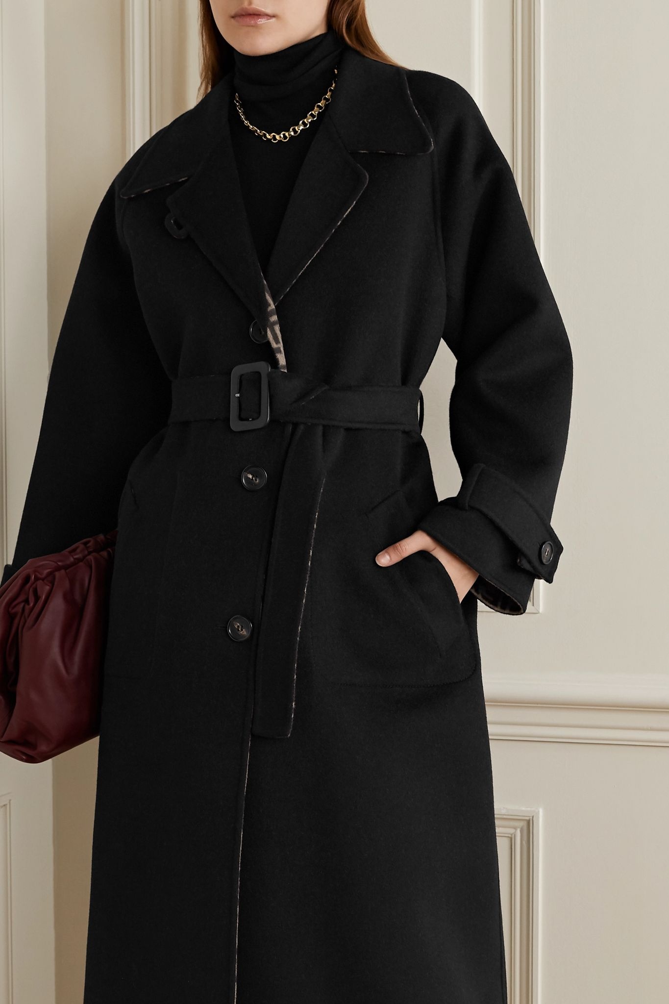 Reversible belted leather-trimmed wool and silk-blend jacquard coat - 3