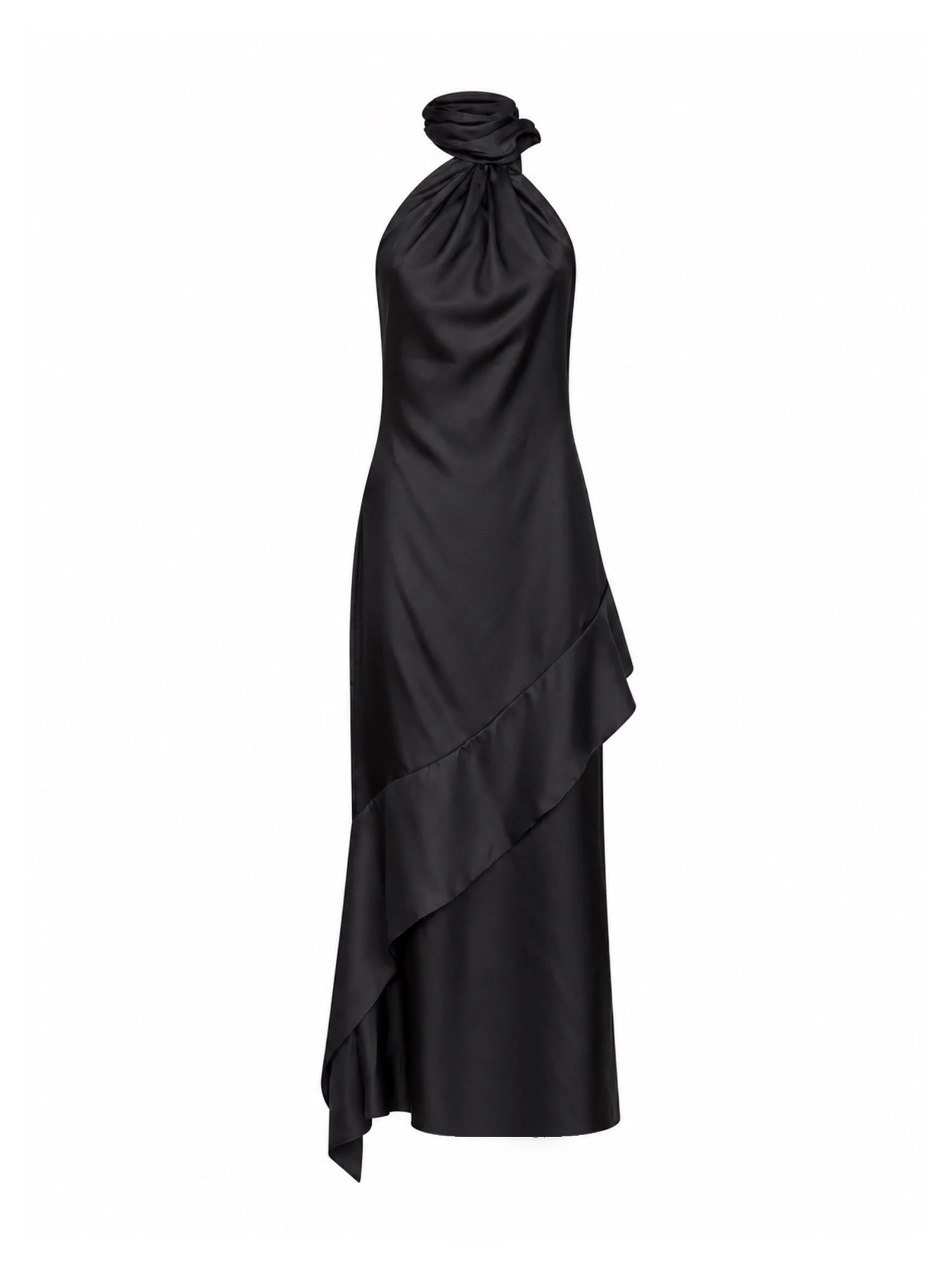 Black silk twill fluid midi scarf dress - 1