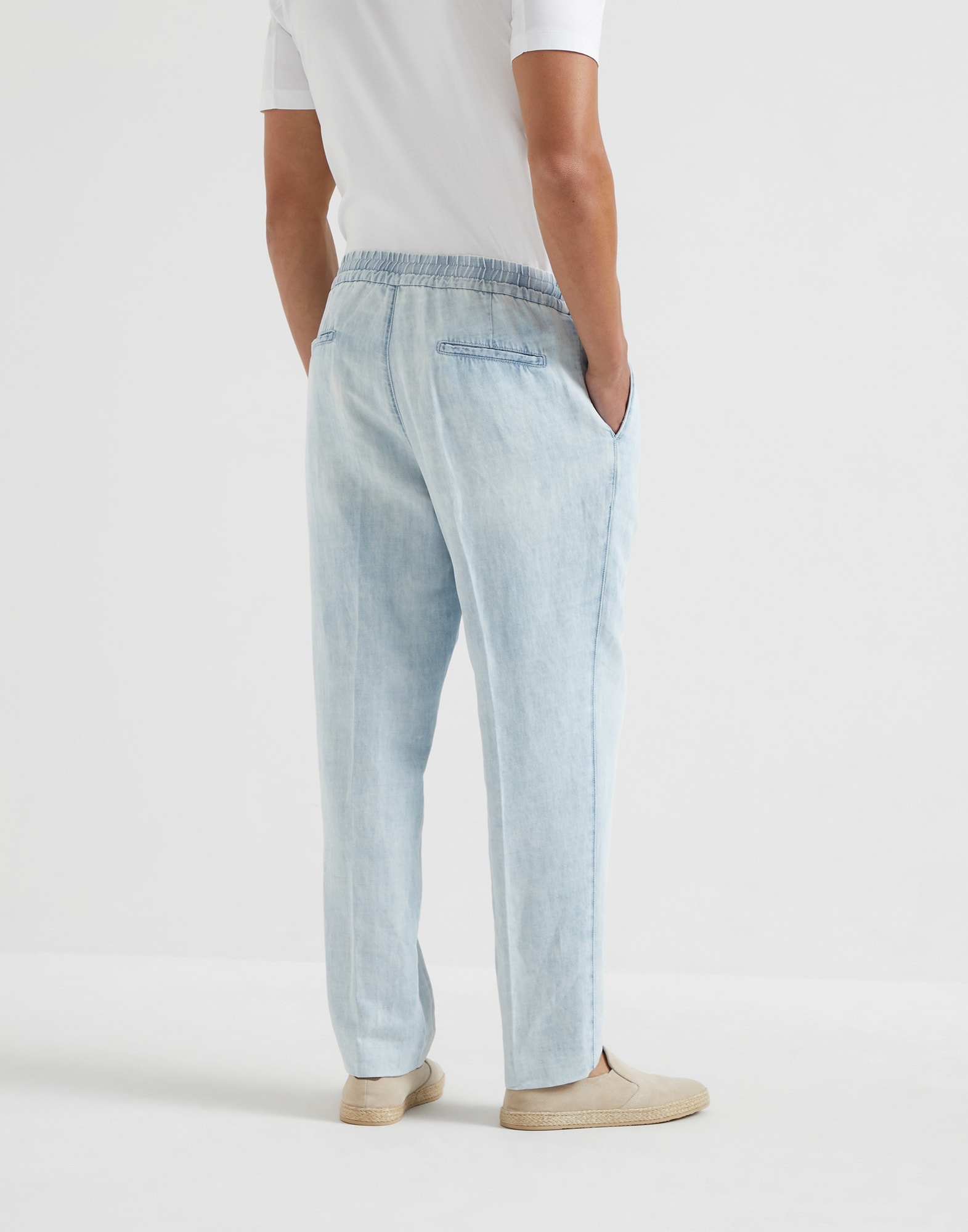 Cotton and linen denim leisure fit trousers with drawstring and double pleats - 2