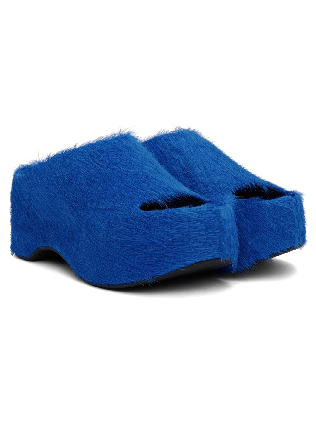 Blue Long-Hair Calfskin Chunky Clog Slide Sandals - 4