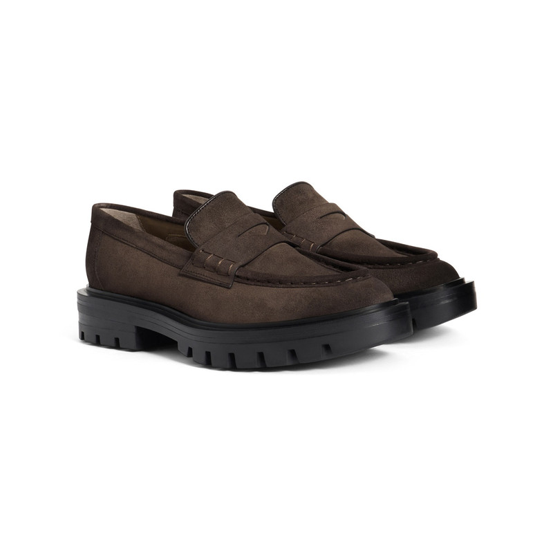 Santoni Women’s dark brown suede penny loafer outlook