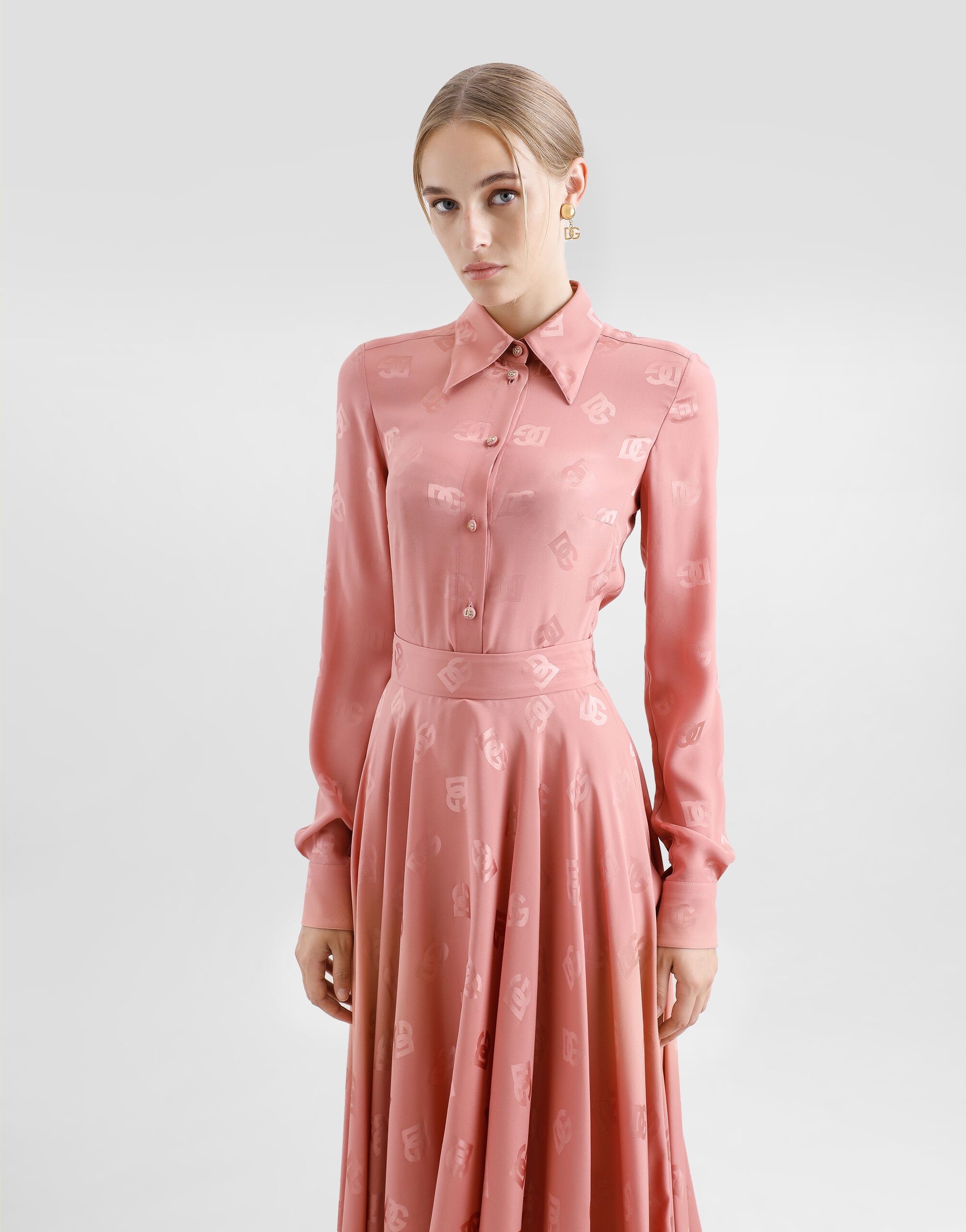 Silk jacquard calf-length circle skirt with DG logo - 4