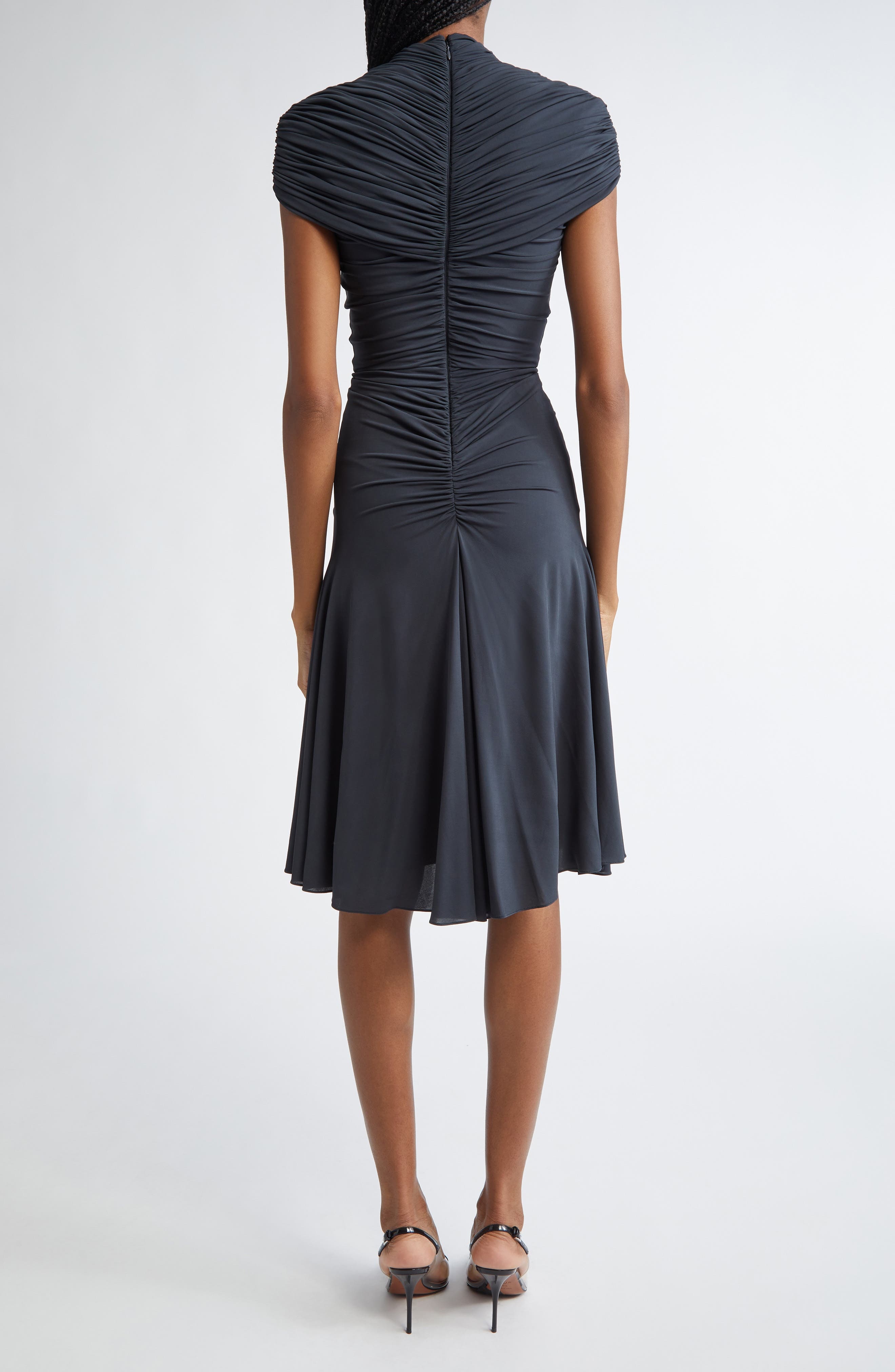 Alaïa Ruched Mock Neck Jersey Fit & Flare Dress in Ardoise at Nordstrom - 2