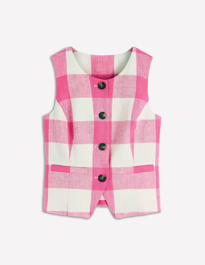 Linen Scoop Neck Waistcoat-Pink Punch Gingham 1