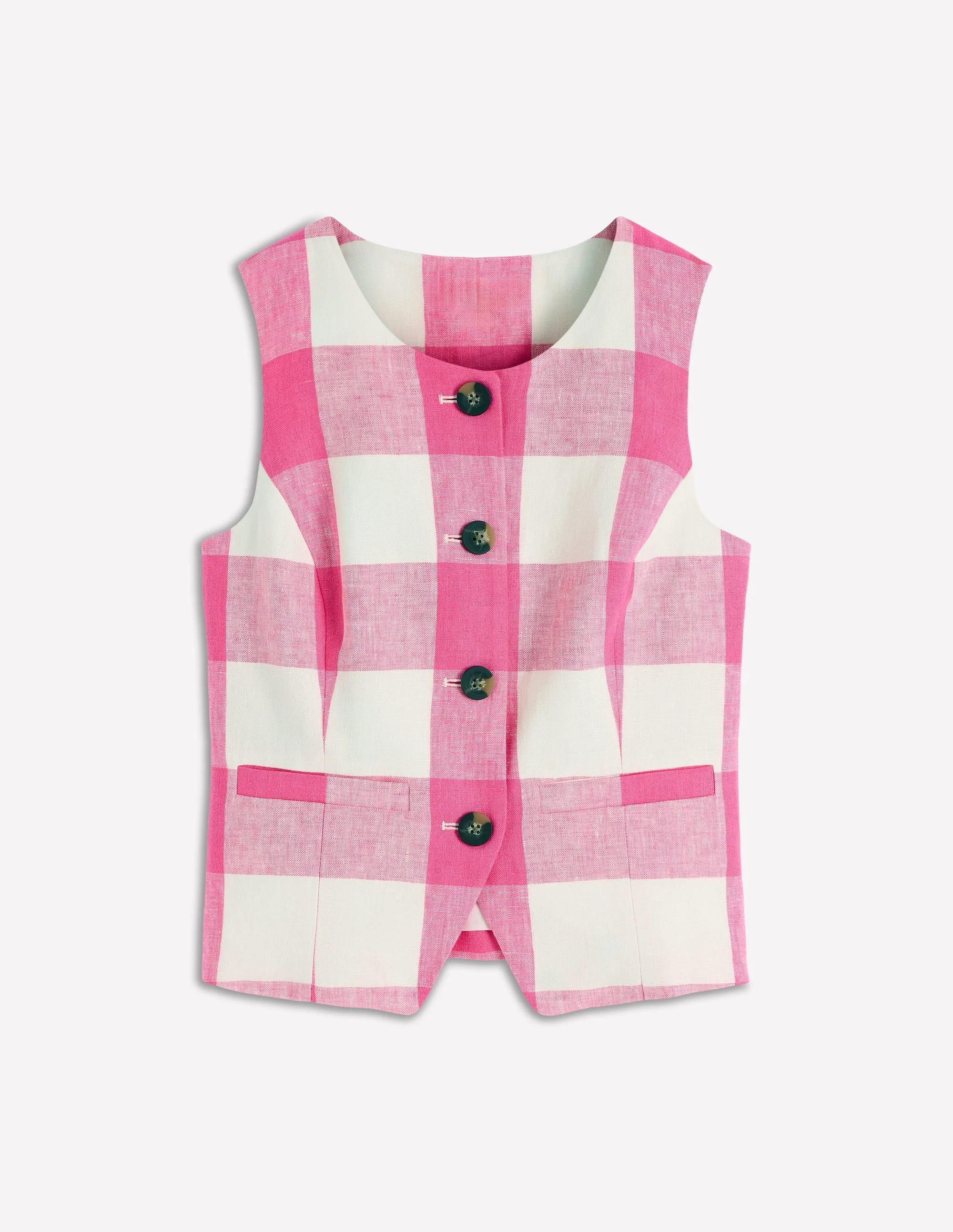 Linen Scoop Neck Waistcoat-Pink Punch Gingham - 1