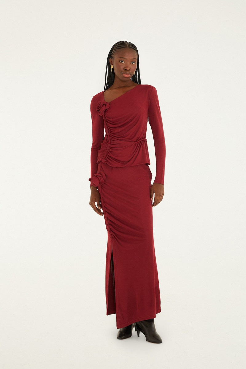 Burgundy 3D Flower Draped Side Slit Maxi Skirt 1