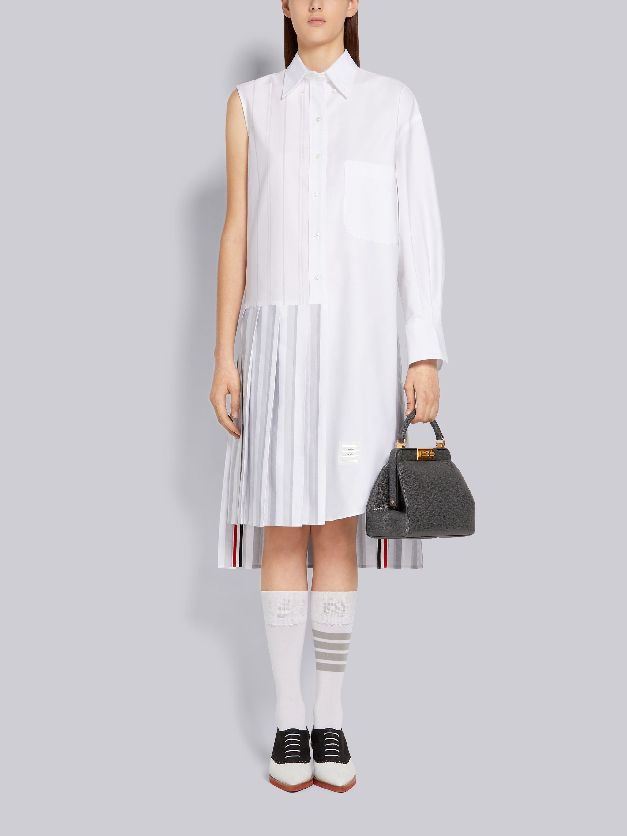 Medium Grey Alternating Wide Stripe Oxford 2-in-1 Pleated Bottom Circle Shirtdress - 4
