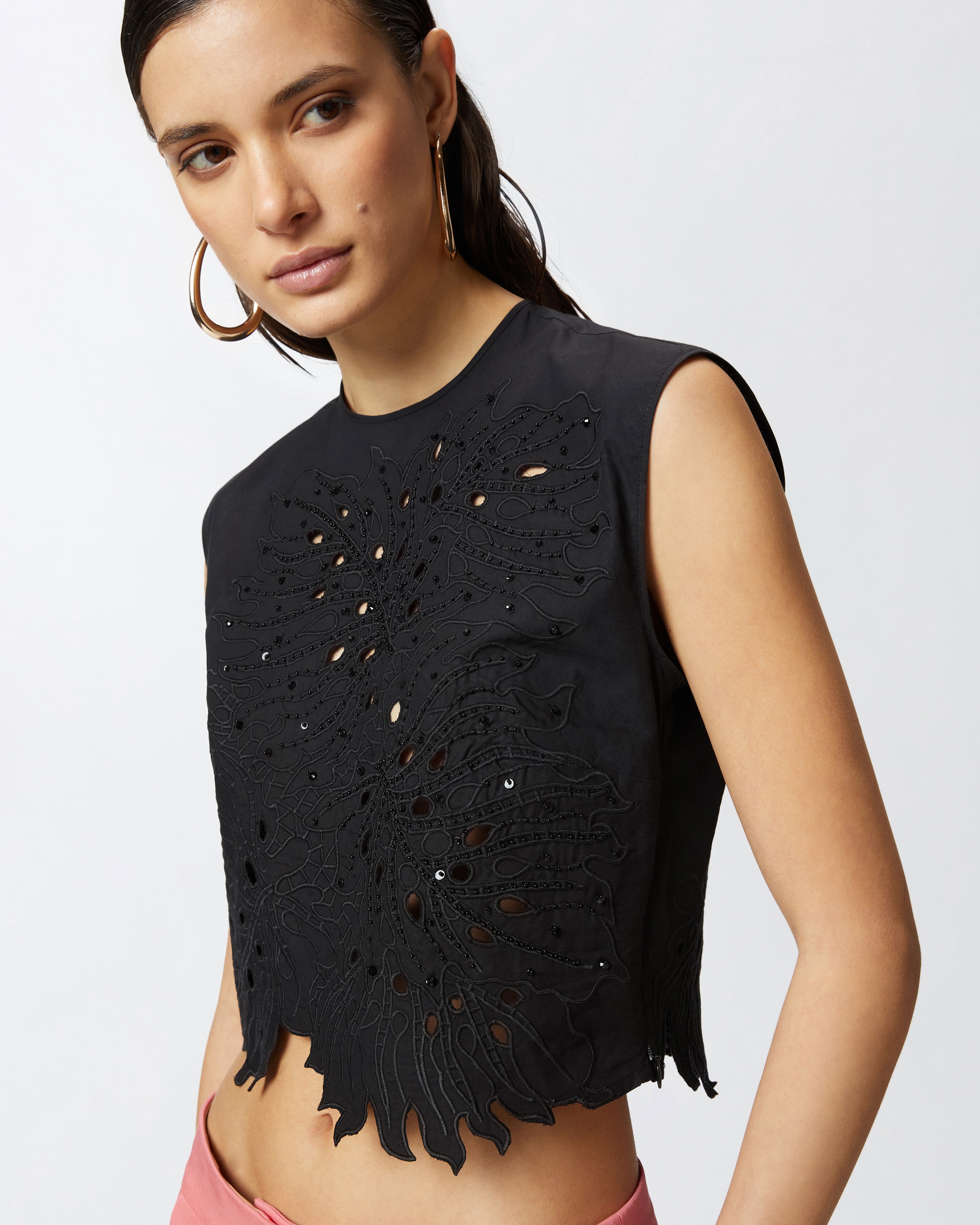 CROP TOP WITH OPENWORK EMBROIDERY AND CRYSTALS - 5