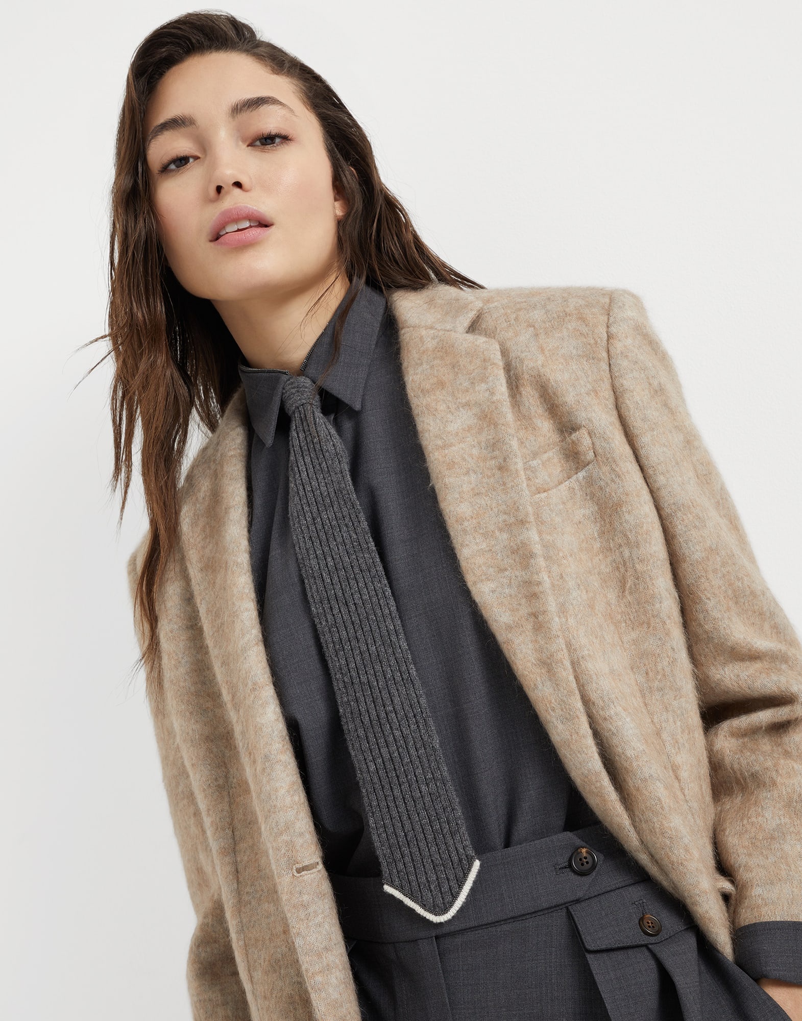 Virgin wool, cashmere and silk rib knit tie with monili - 3