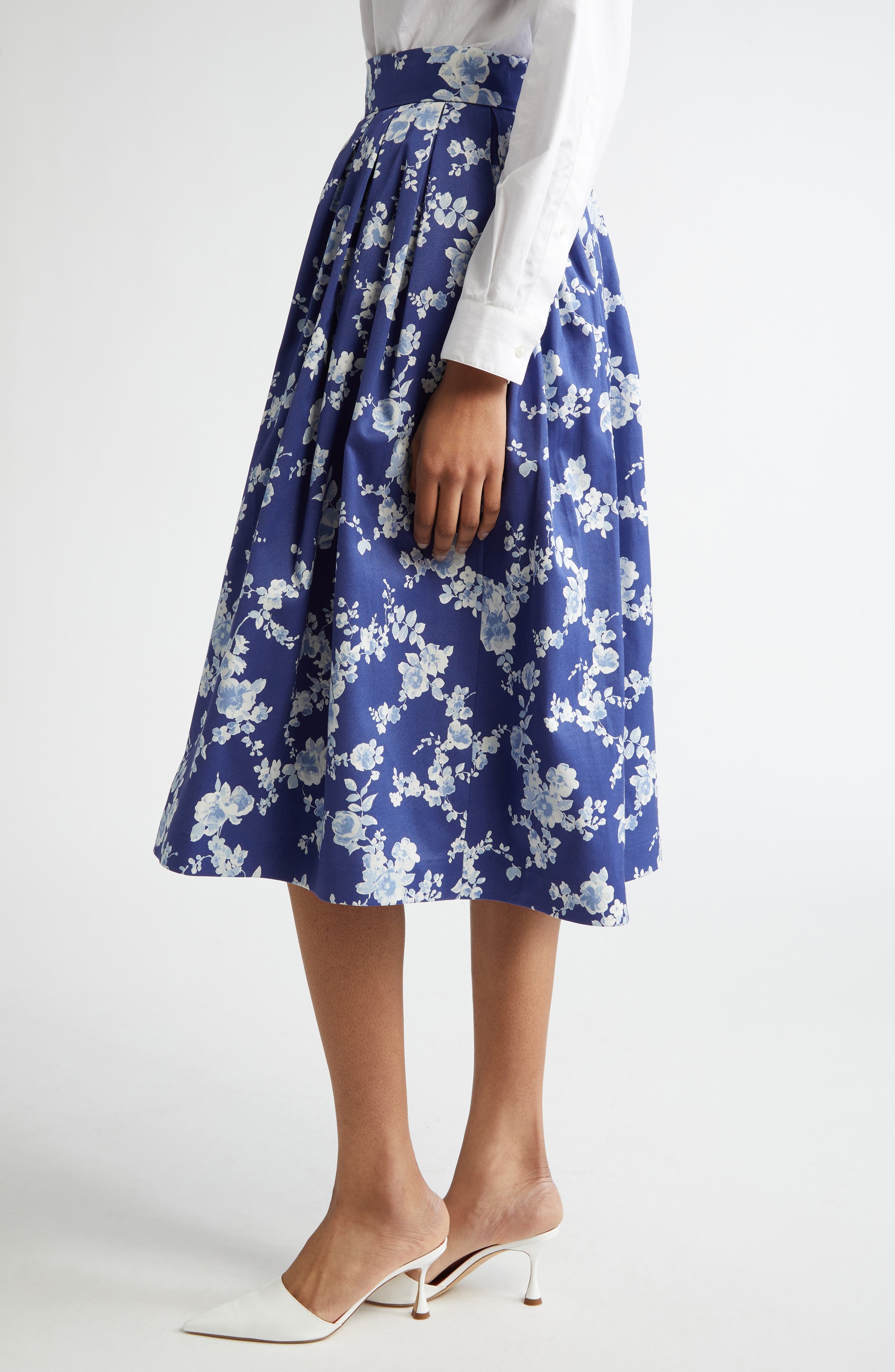 Carolina Herrera Floral Print Pleated Faille Midi Skirt in Nautilus Multi at Nordstrom - 3