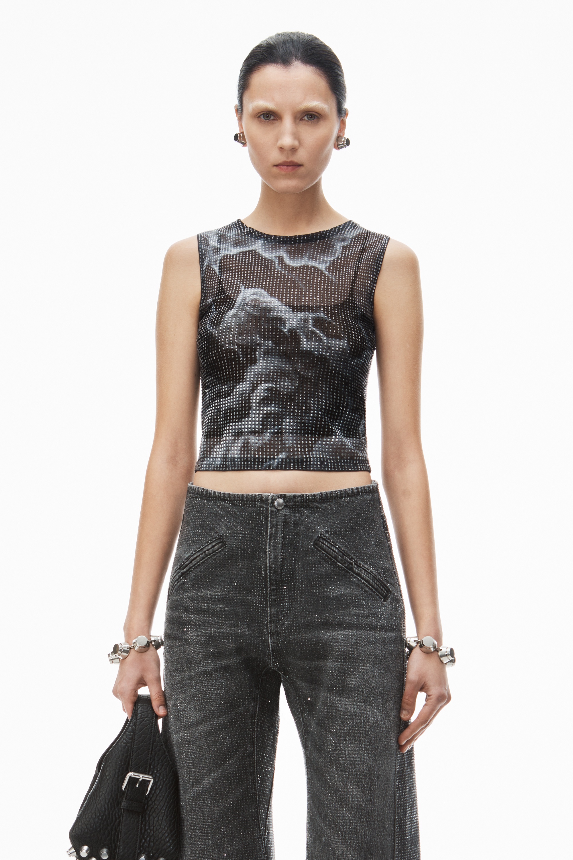 crystal hotfix cloud-print tank in organza jersey - 2