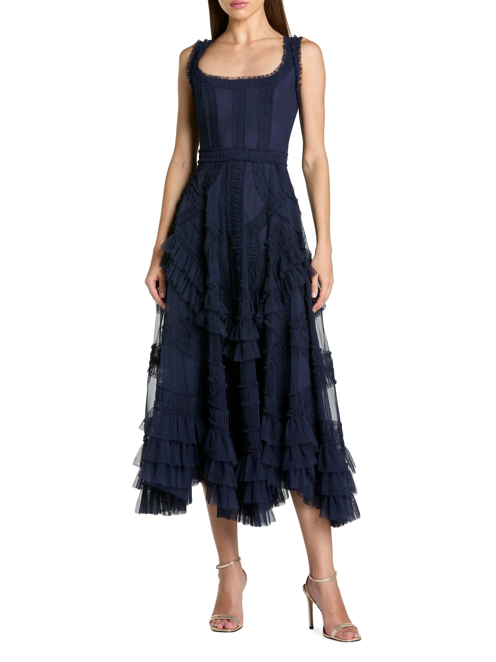 Women's Mesh Ruffled Scoopneck Midi-Dress - Midnight - 1