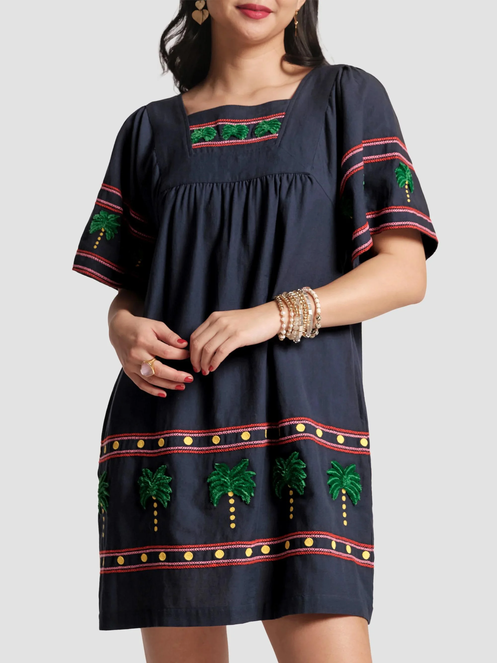 Women's Palm Picnic-Embroidered Minidress - Navy Multi - 1