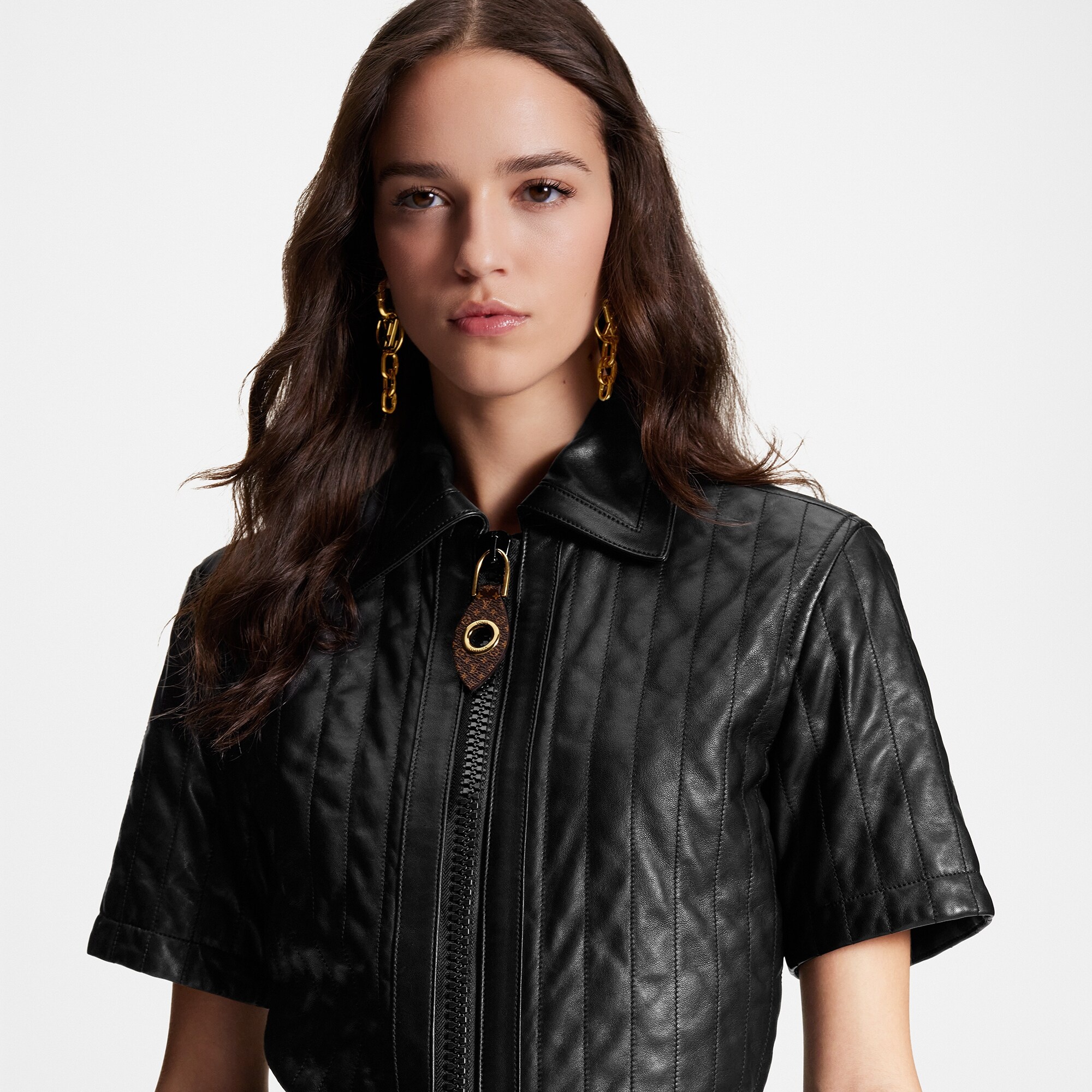 Pinstripe Leather Zip-Up Dress - 2