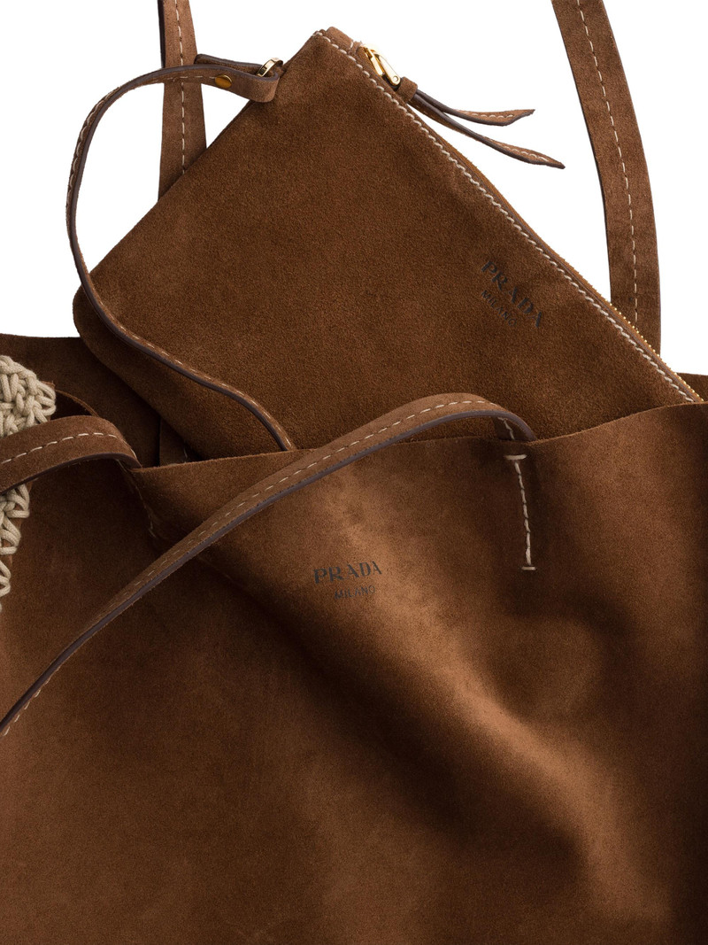 Women's Large Suede and Crochet Tote Bag - Dark Brown 4