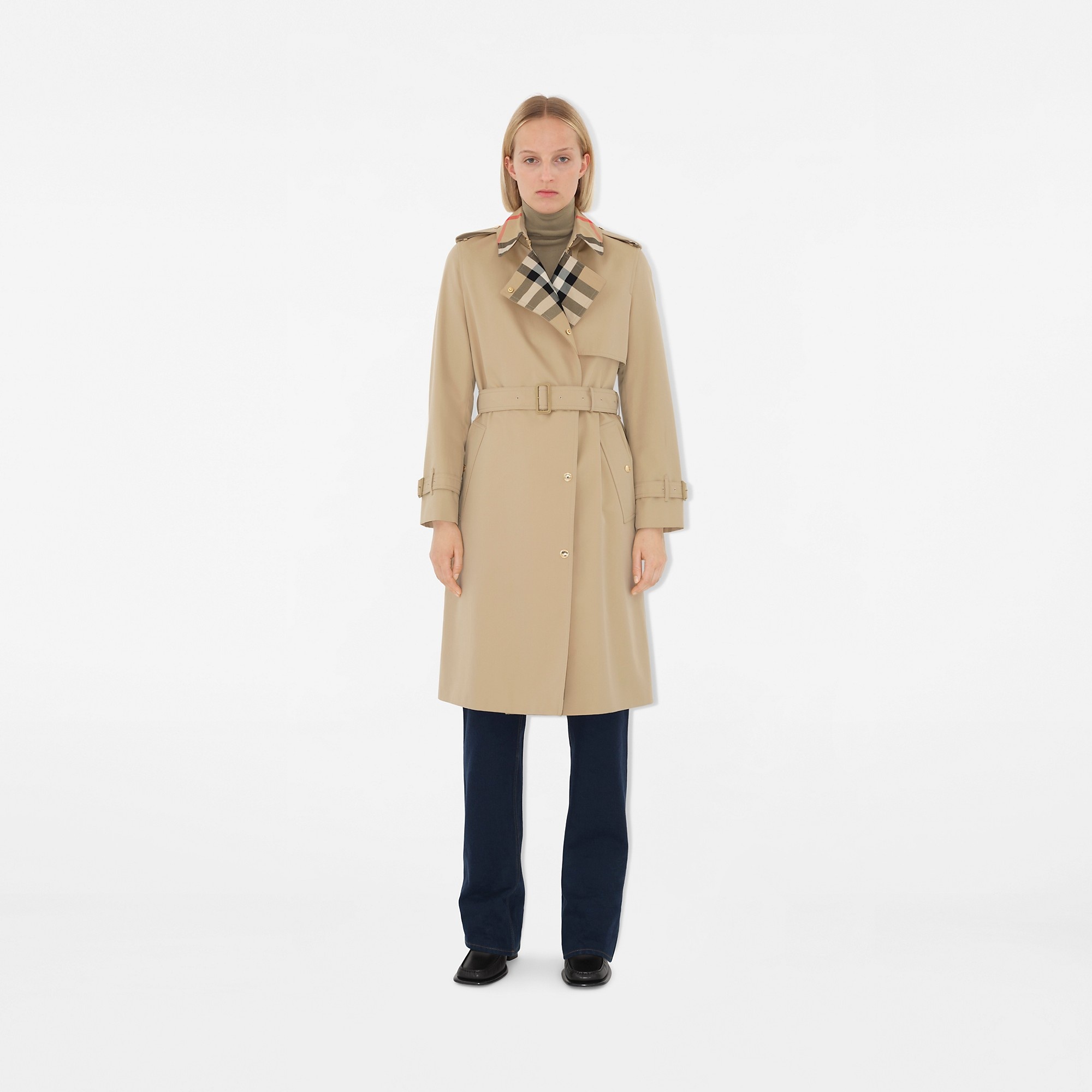 Long Check Collar Gabardine Trench Coat - 2