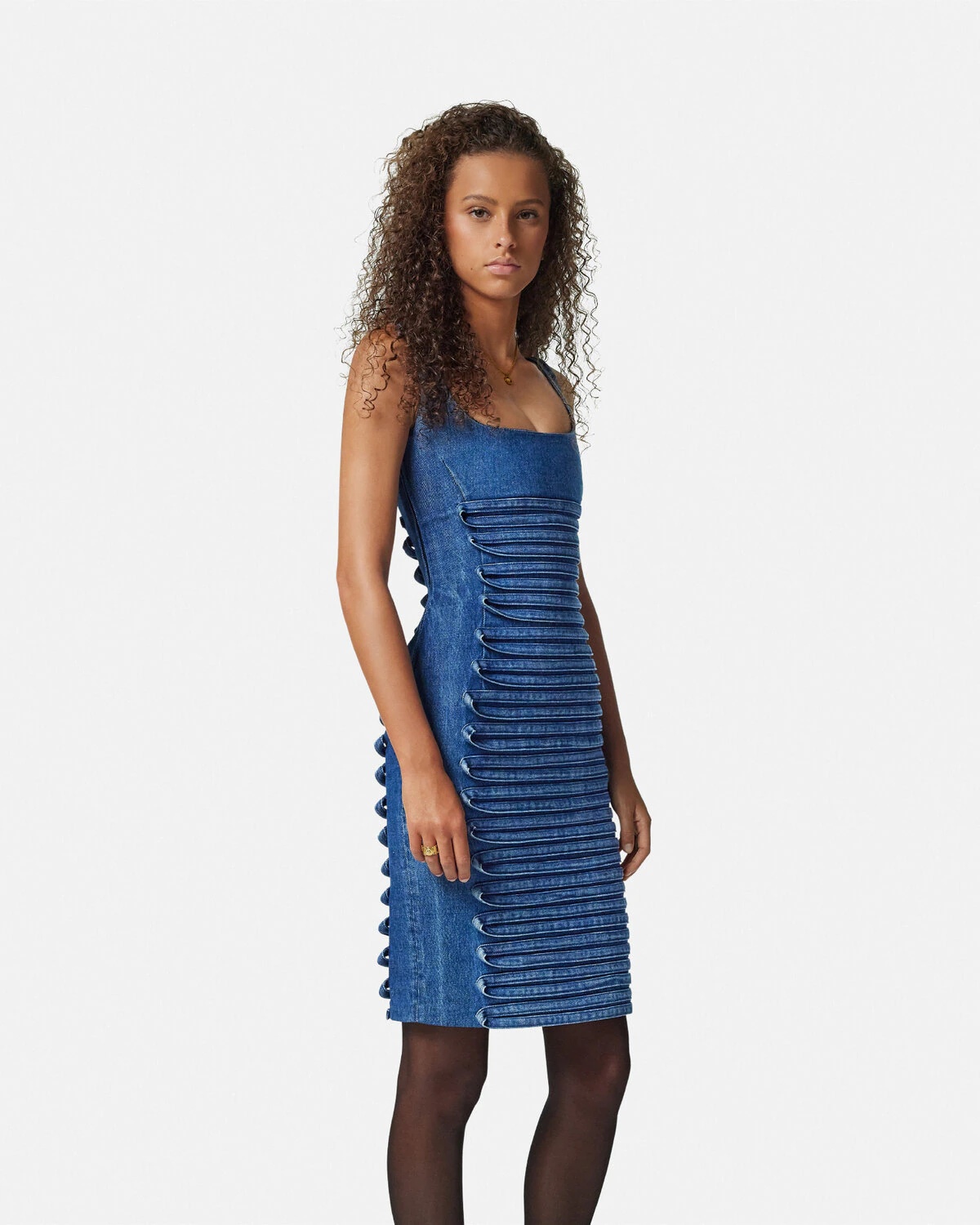 Denim Scoop-Neck Fitted Mini Dress - 4