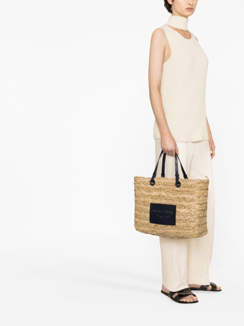 logo-patch woven-raffia tote beg - 2