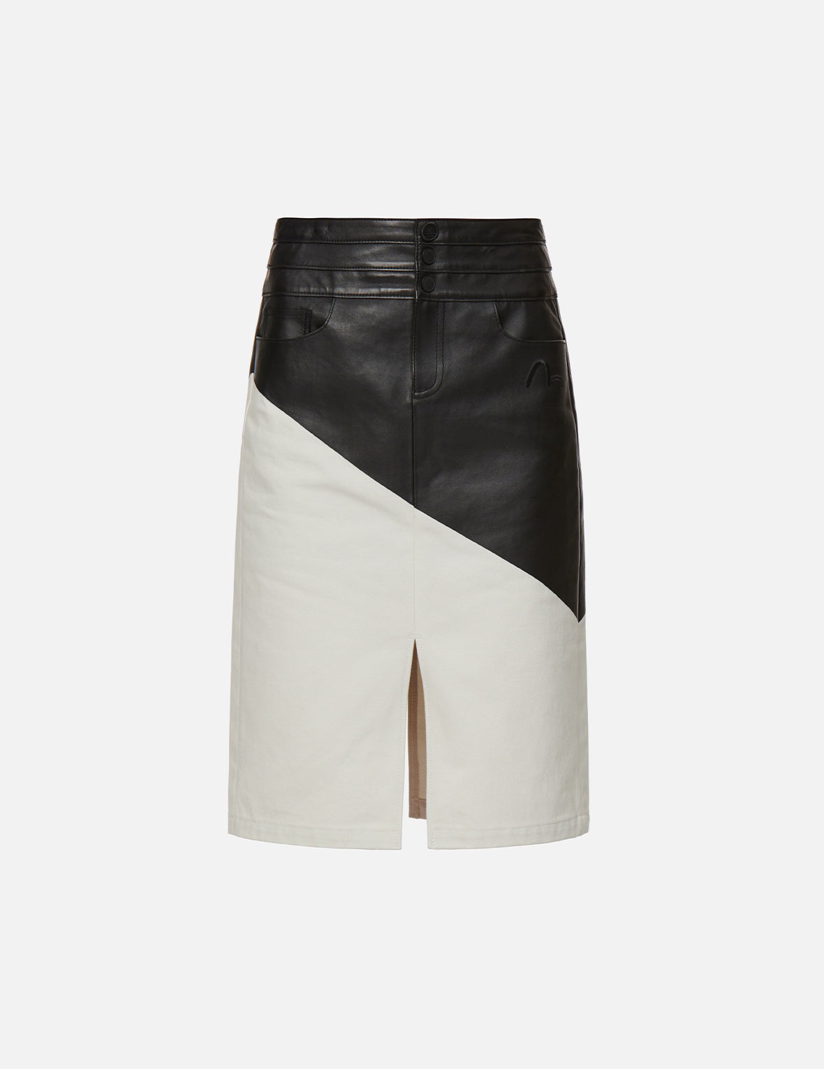 Contrast Leather Denim Skirt - 7