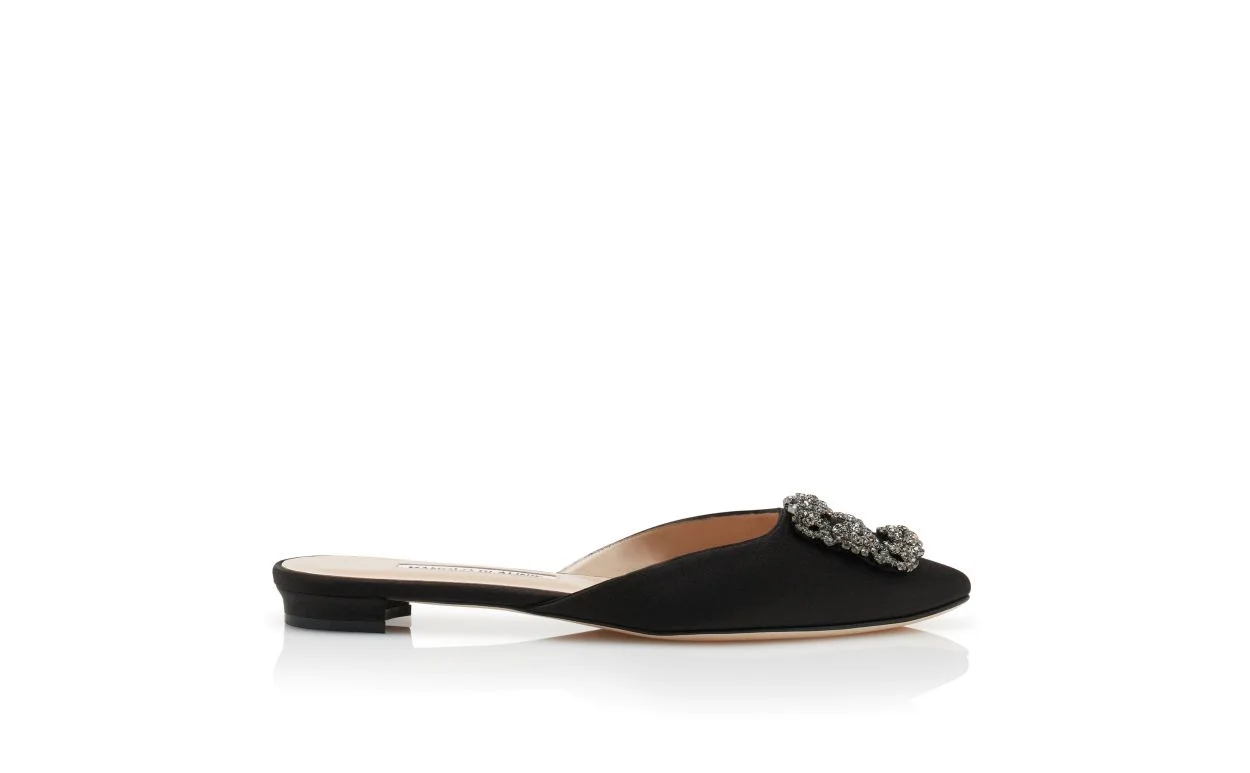 Black Satin Jewel Buckle Flat Mules - 1