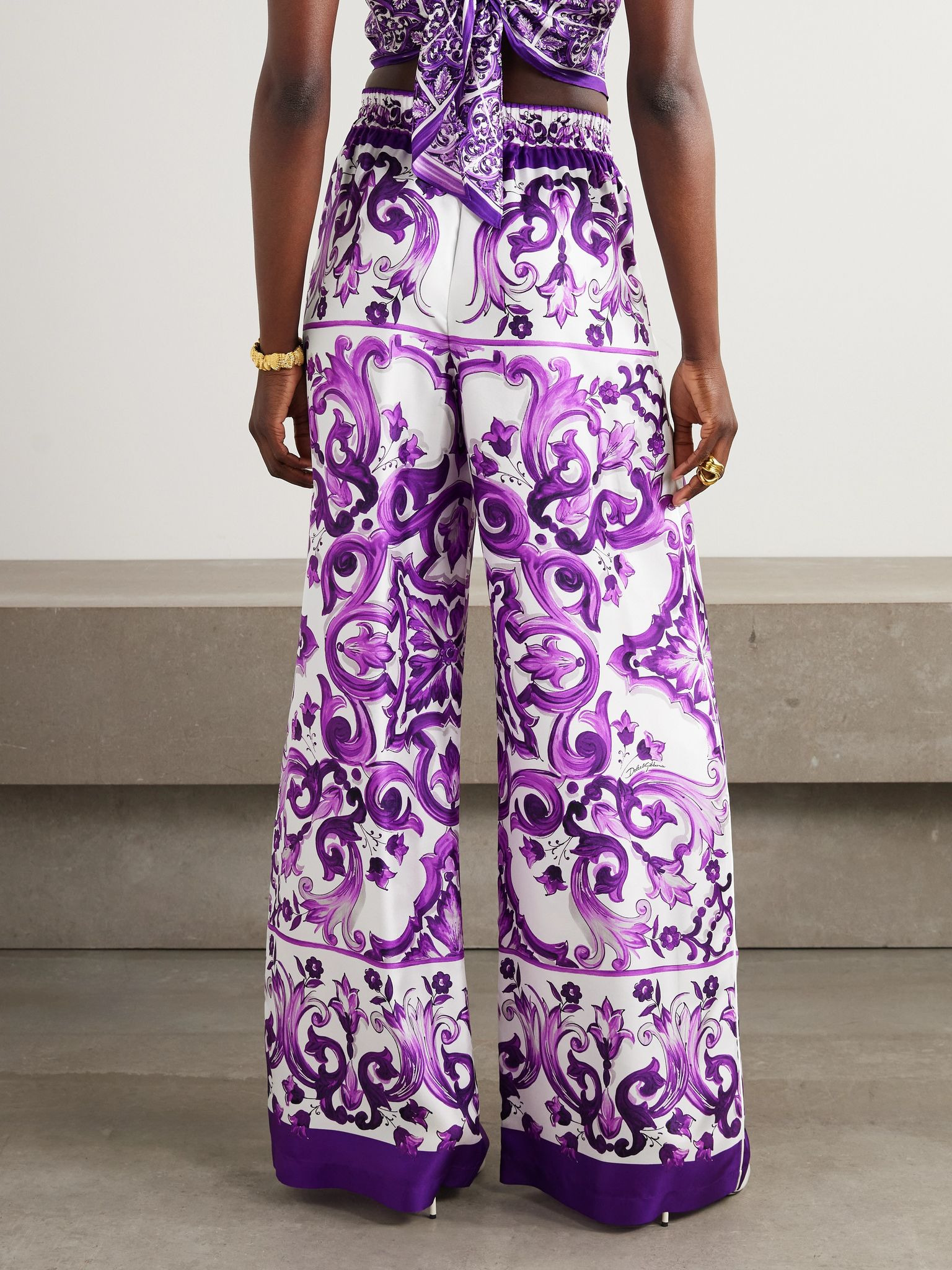 Printed silk-twill wide-leg pants Purple - 3