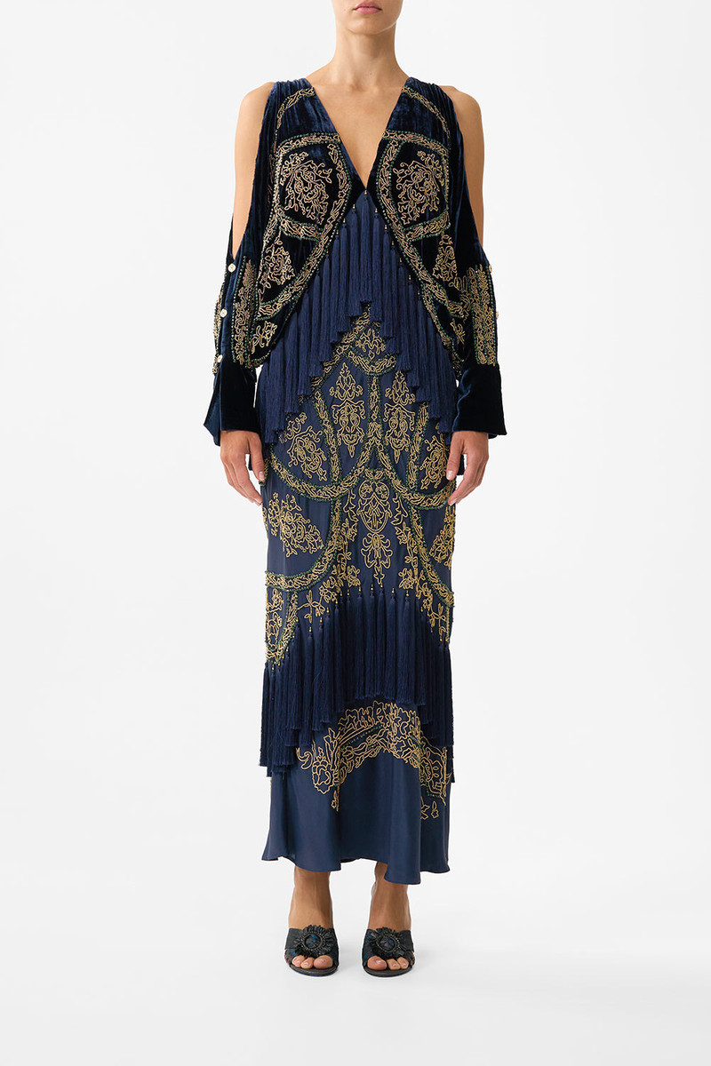 CAMILLA PLUNGE NECK DRAPED SHOULDER DRESS outlook