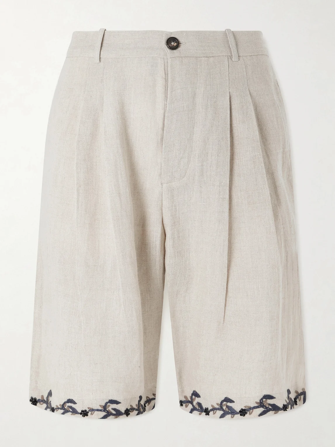 Straight-Leg Pleated Embroidered Linen Shorts - 1