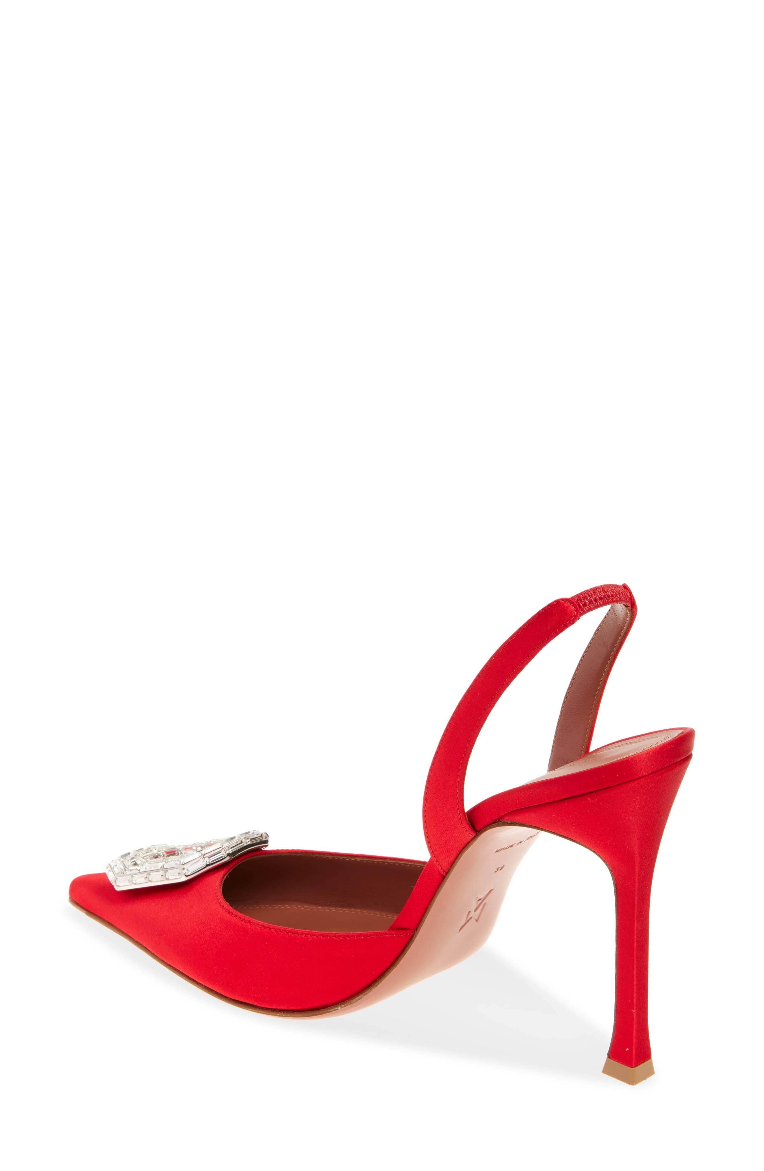 Amina Muaddi Camelia Crystal Buckle Slingback Pump in Satin Red/White Buckle at Nordstrom - 2