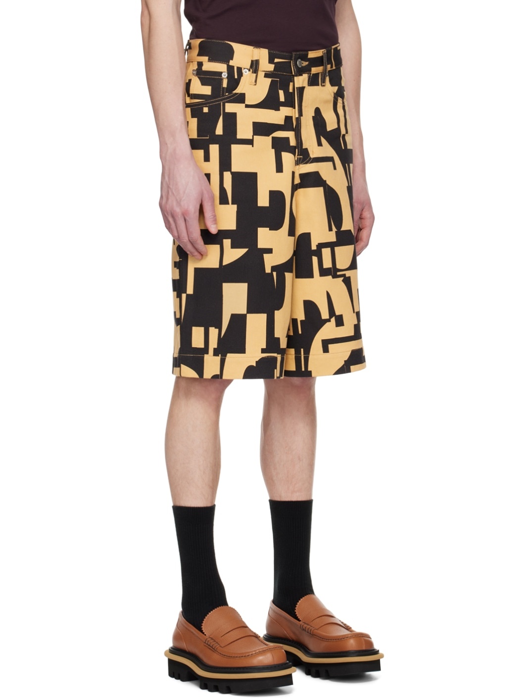 Black & Tan Printed Denim Shorts - 2