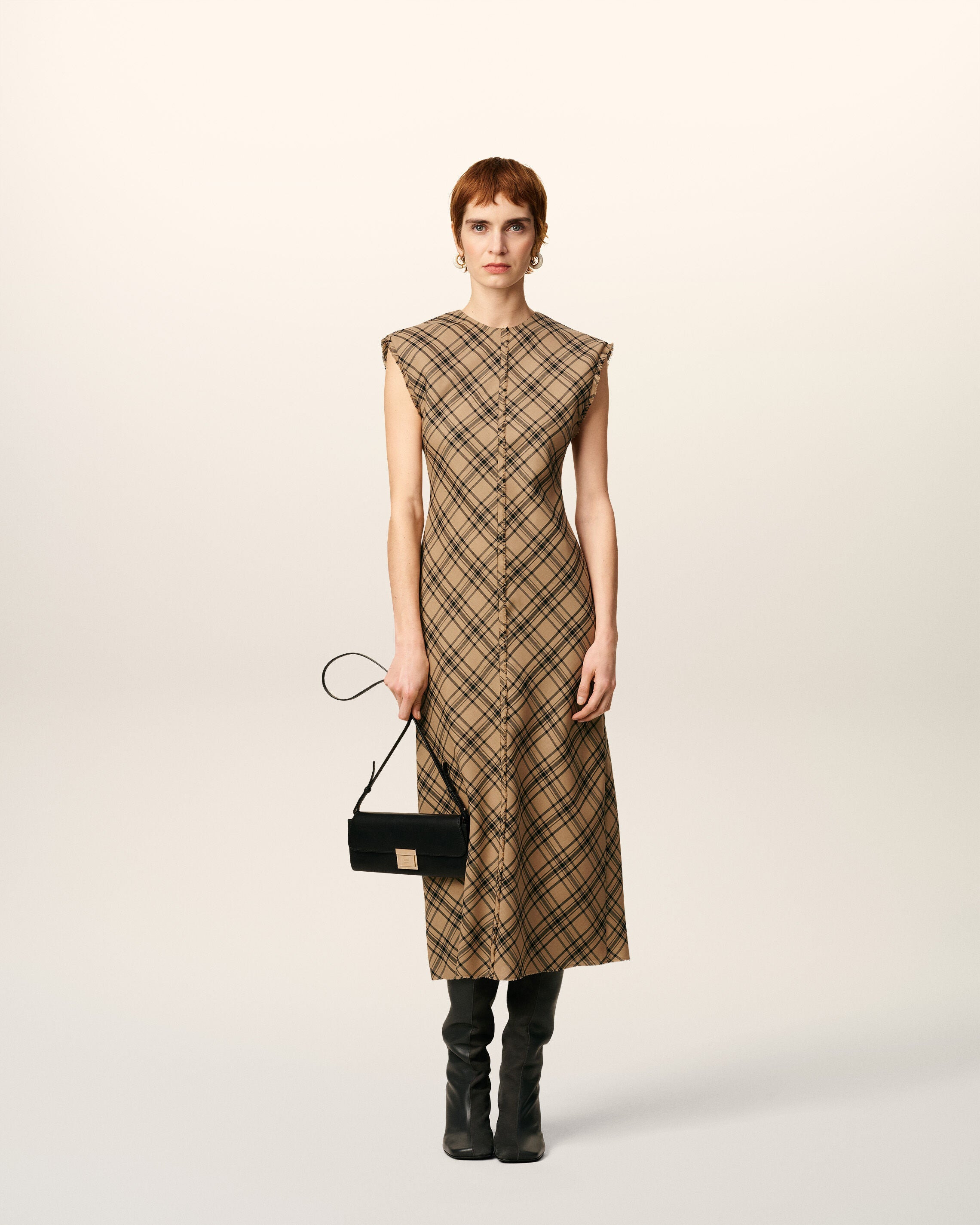 BROWN WOOL LONG CHECKED DRESS - 2