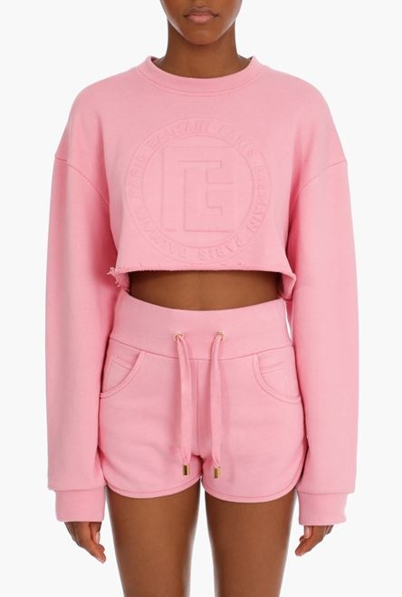 Cropped light pink sweatshirt with embossed Balmain logo - 8
