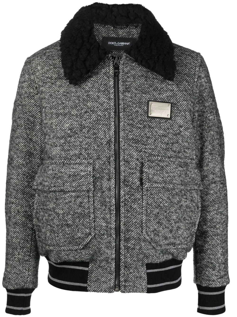 logo-plaque tweed bomber jacket - 1