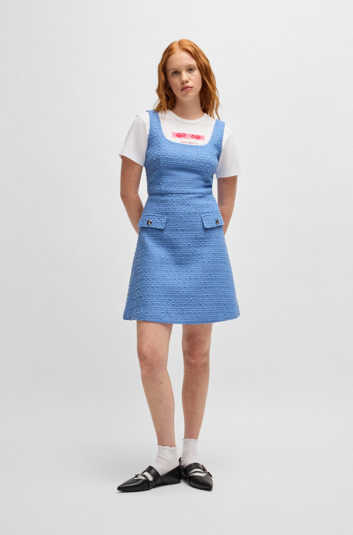 TEXTURED-BOUCLÉ DRESS WITH FAUX FLAP POCKETS - 2