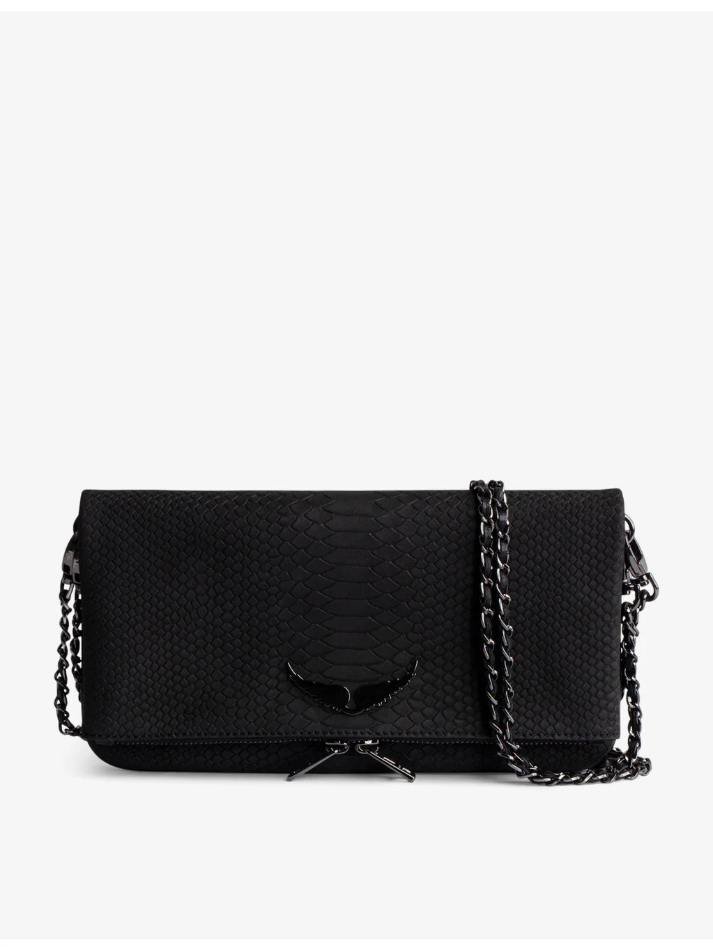 Rock python-embossed wing-embellished leather clutch - 1