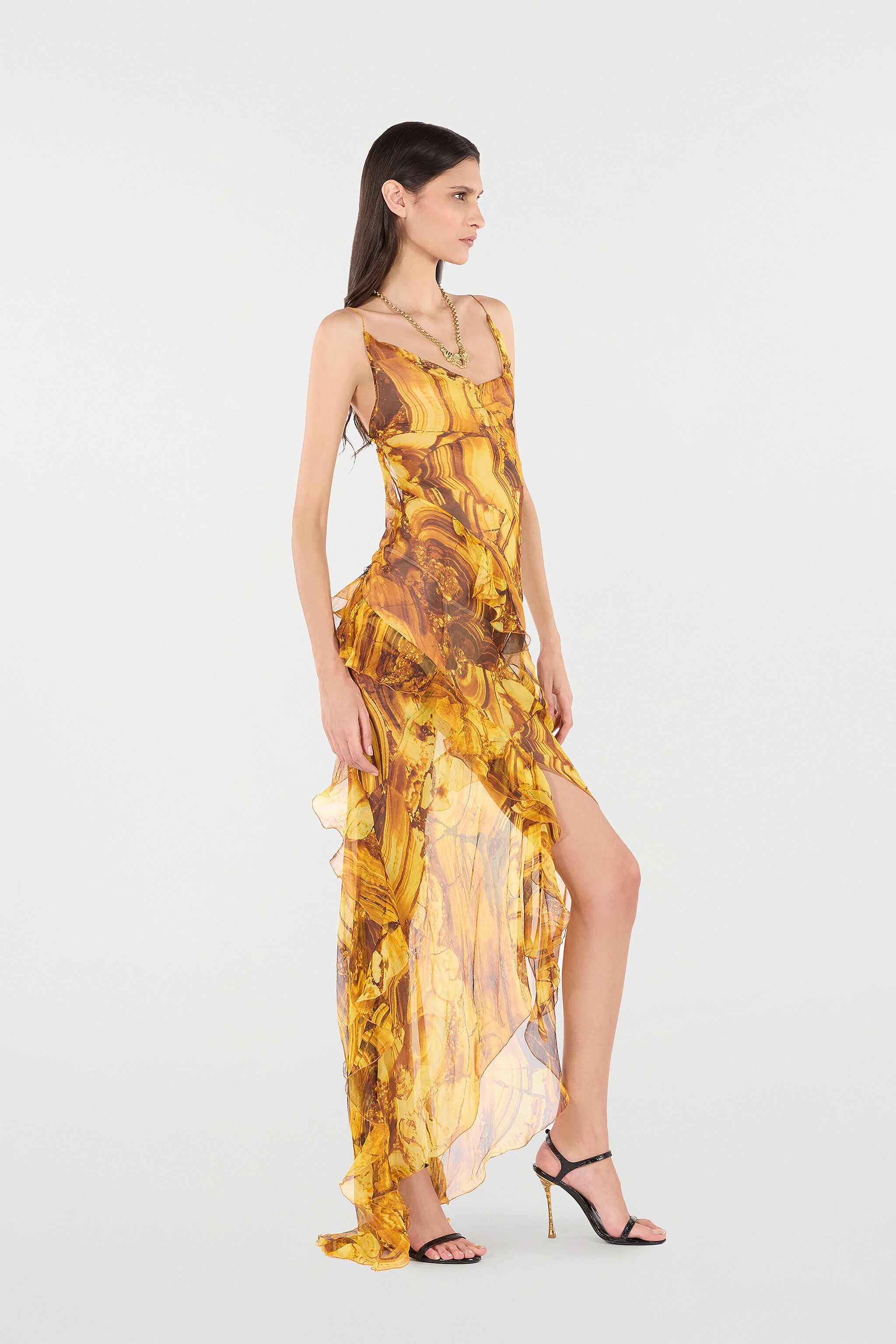 Asymmetric Silk Dress with Amber Print - 3