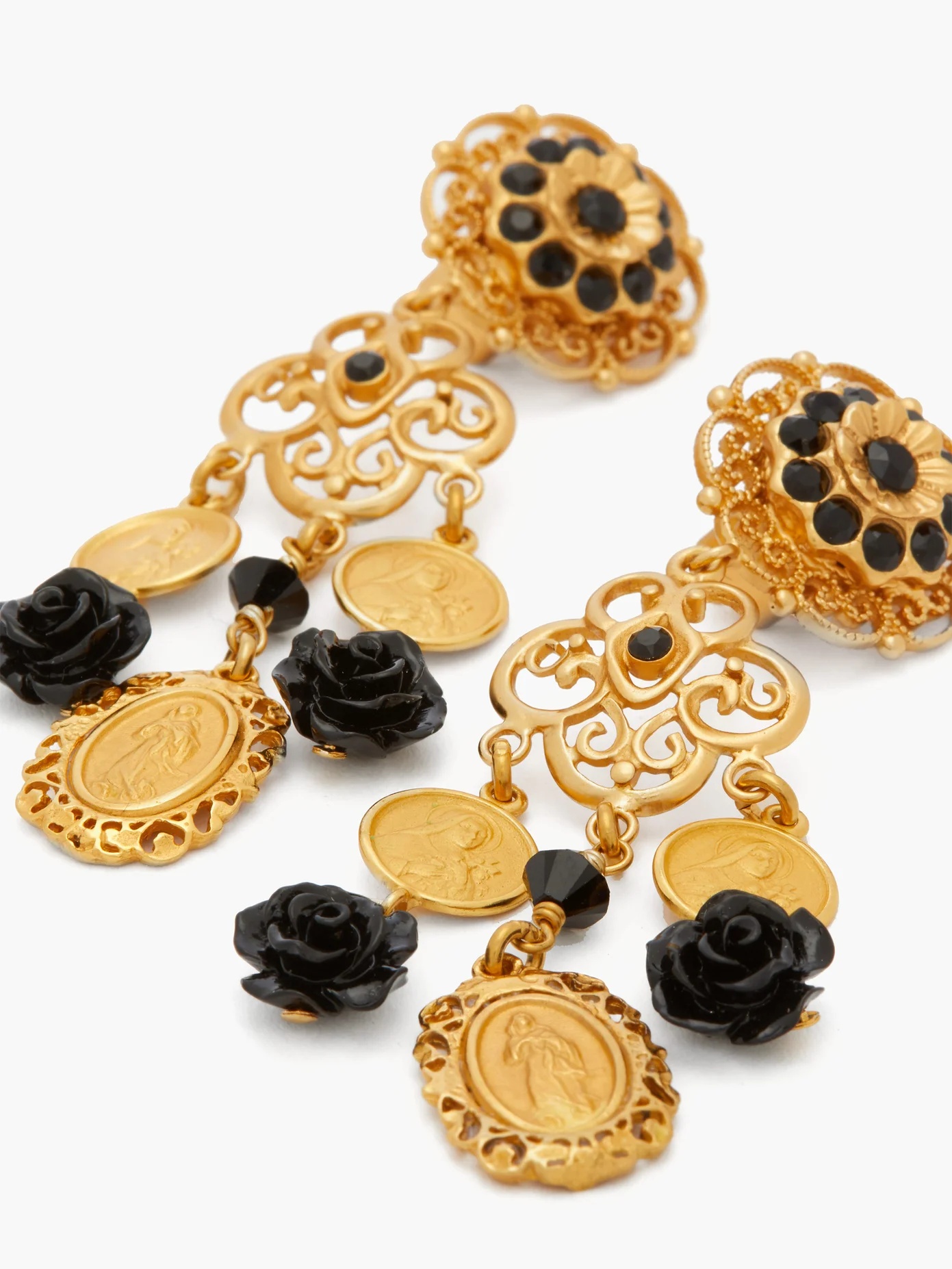 Rose and medallion gold-plated clip earrings - 3