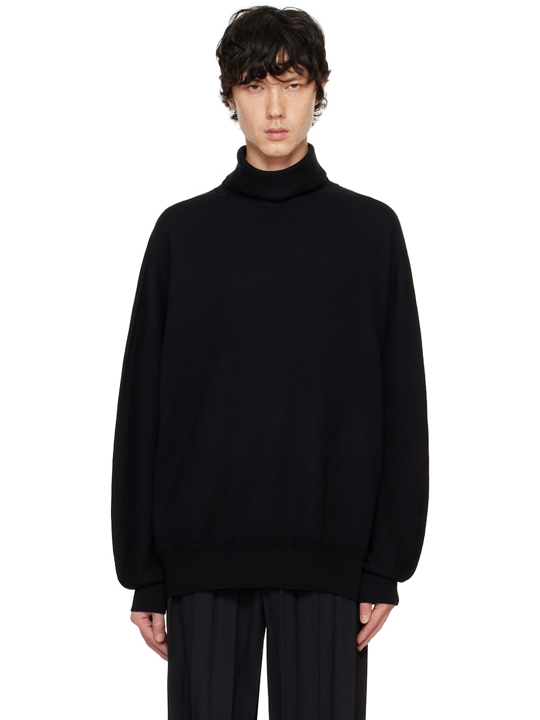 Black Wool Smooth Knit Turtleneck - 1