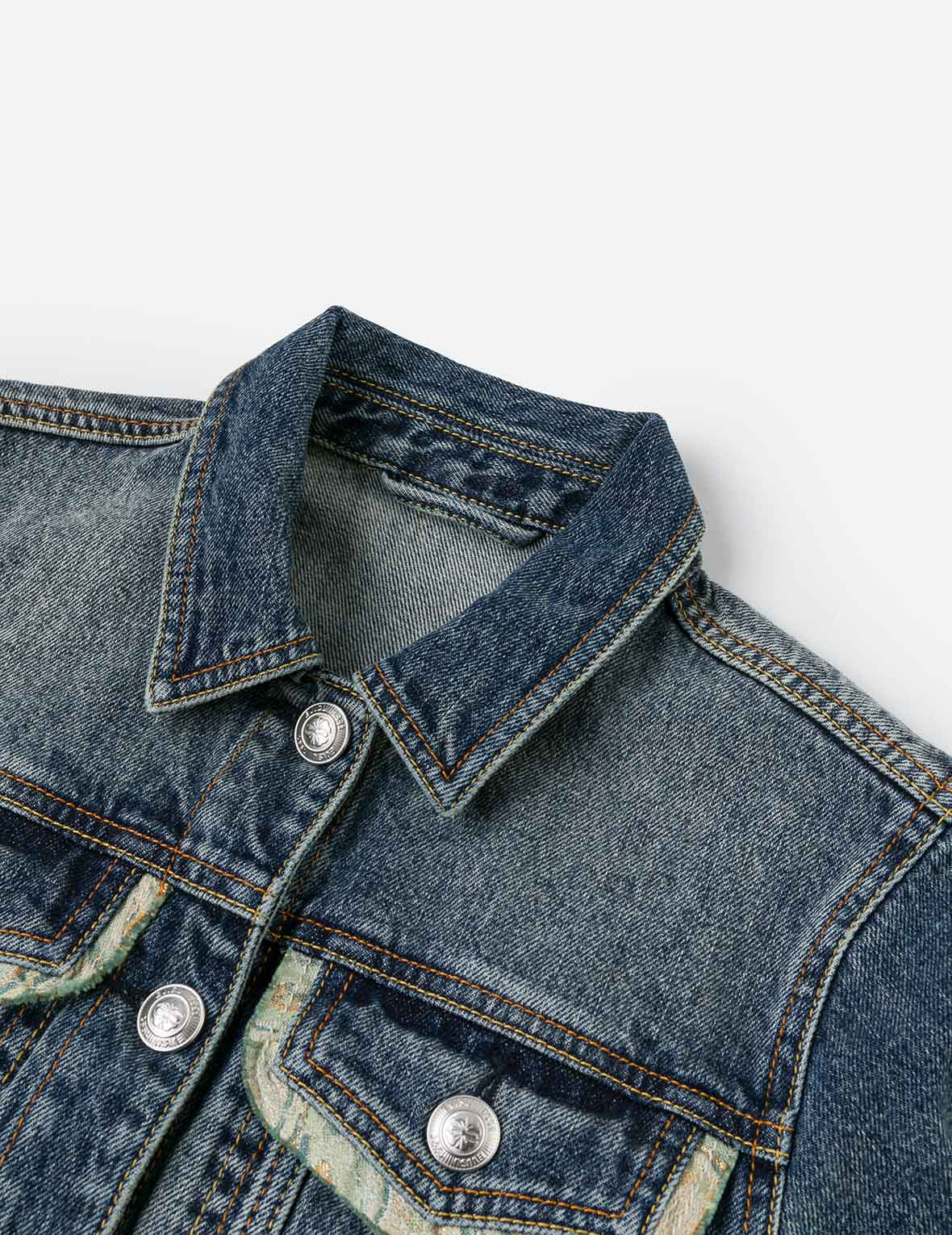 Brocade Inserted Daicock Regular Fit Denim Jacket - 8