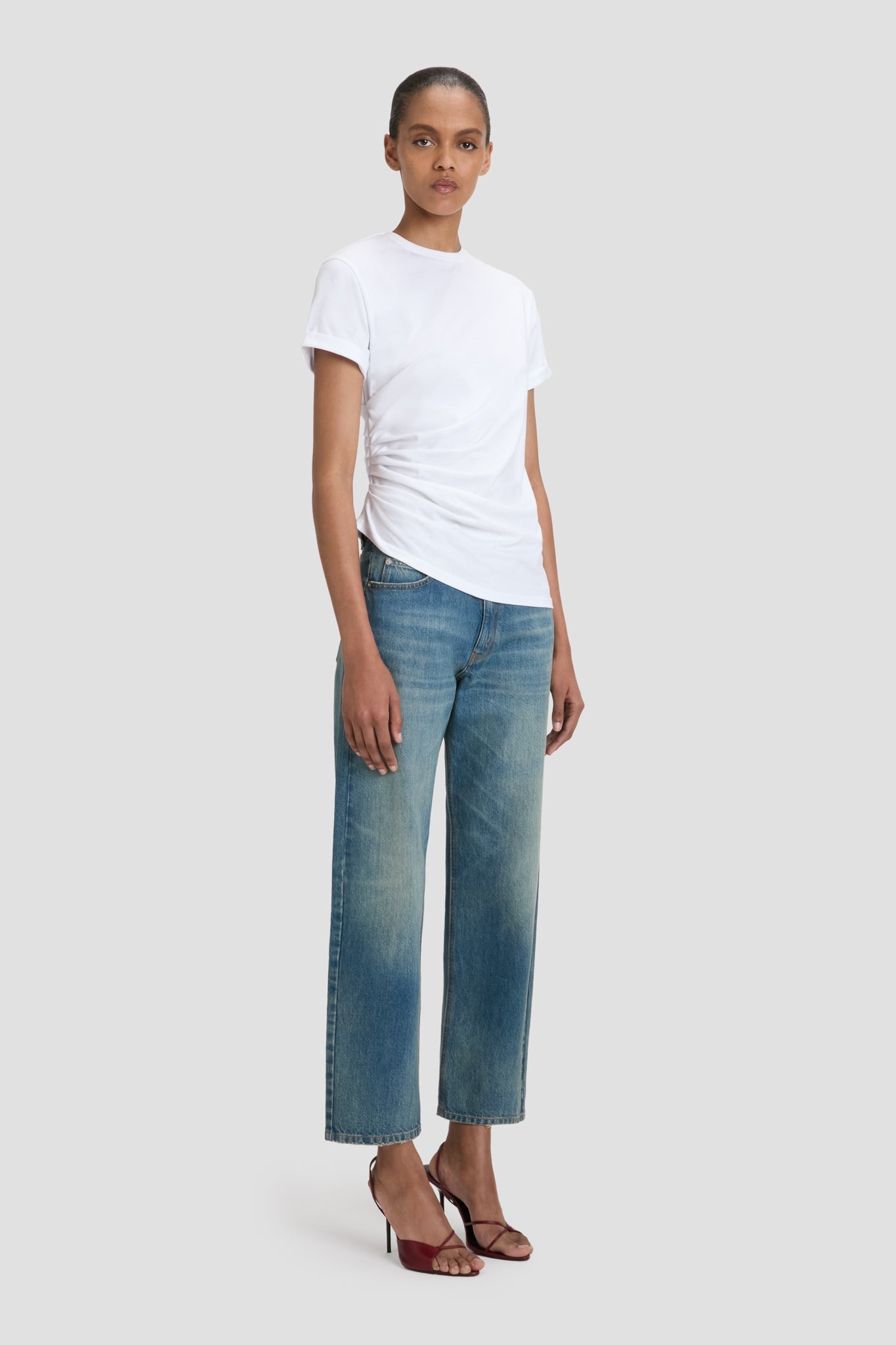 Gathered Detail T-Shirt In White - 3