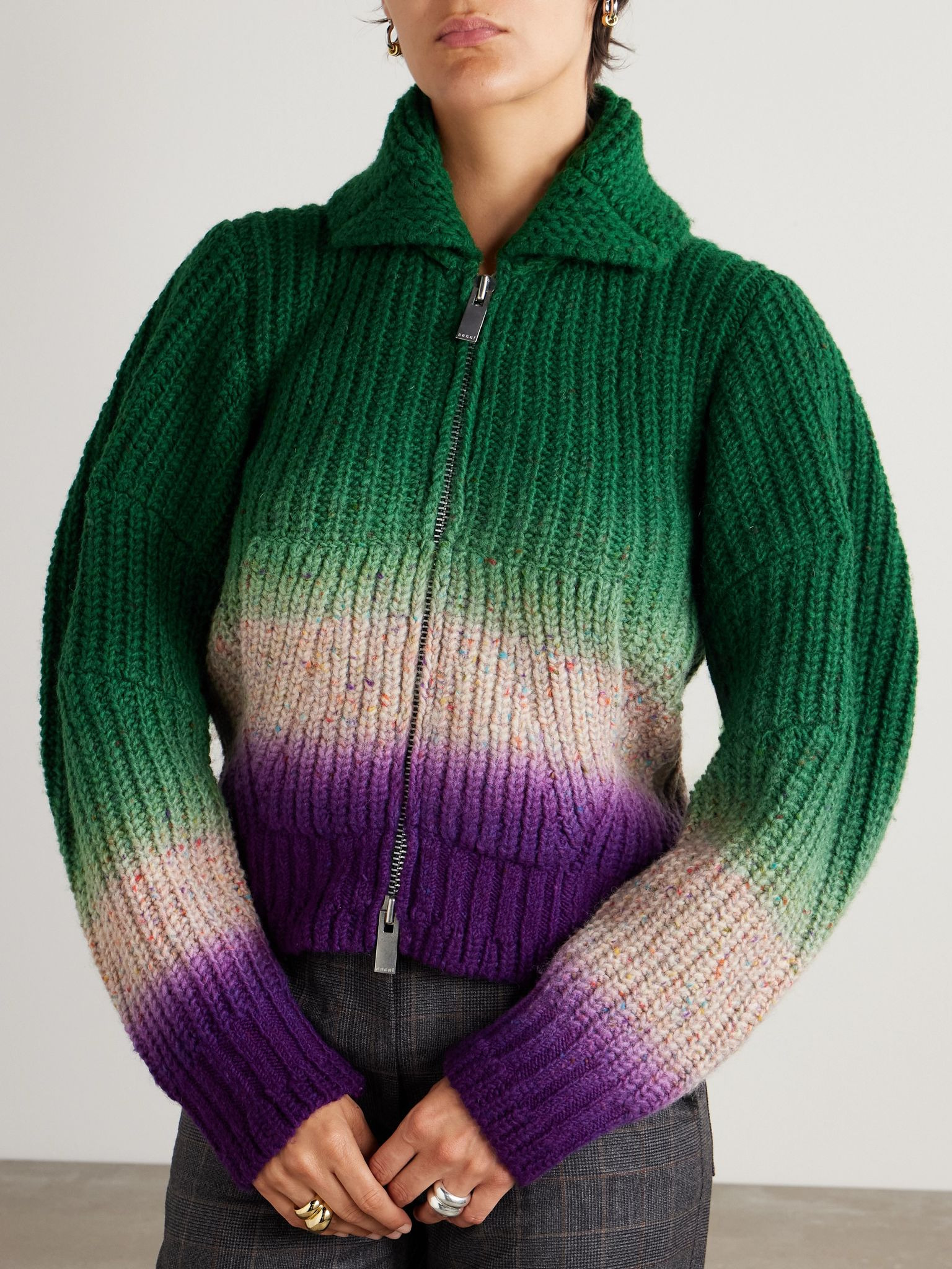 Ribbed garment-dyed wool cardigan Green - 3