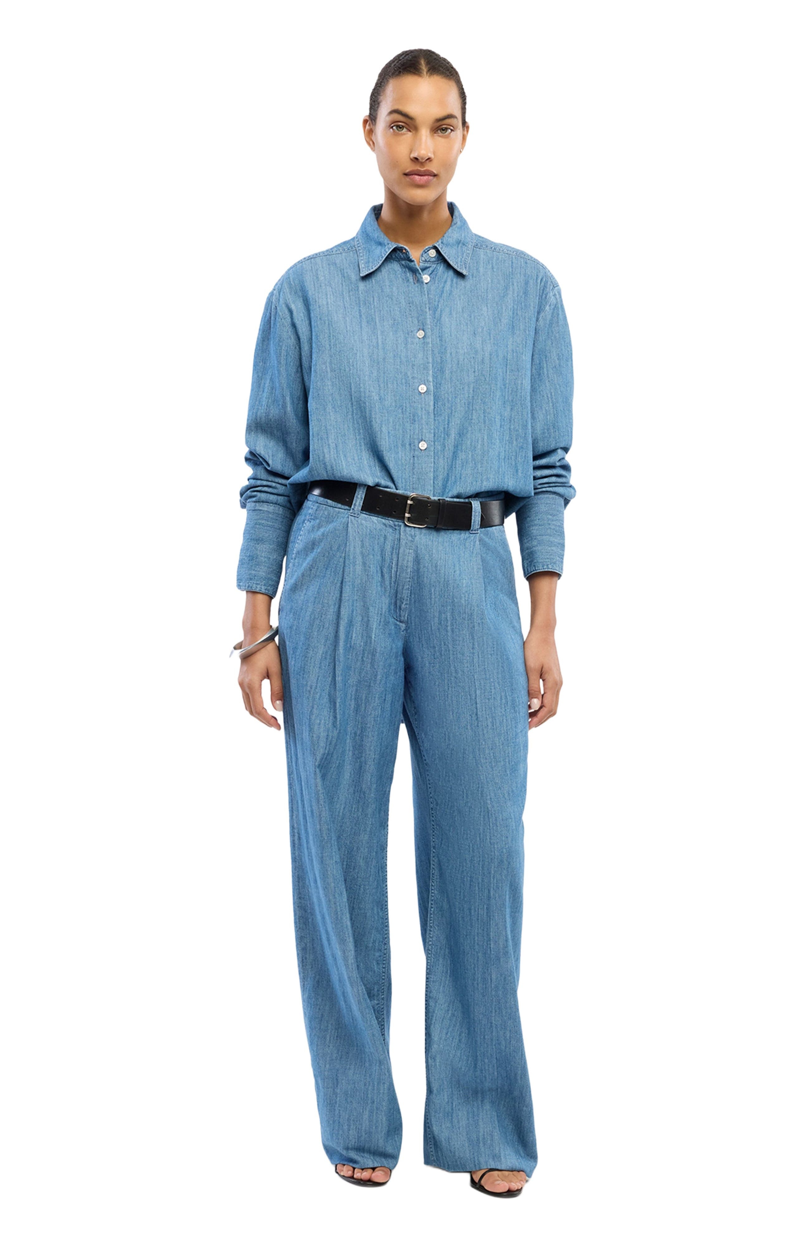 Another Tomorrow Chambray Relaxed Wide Leg Pant in Medium Blue at Nordstrom - 6