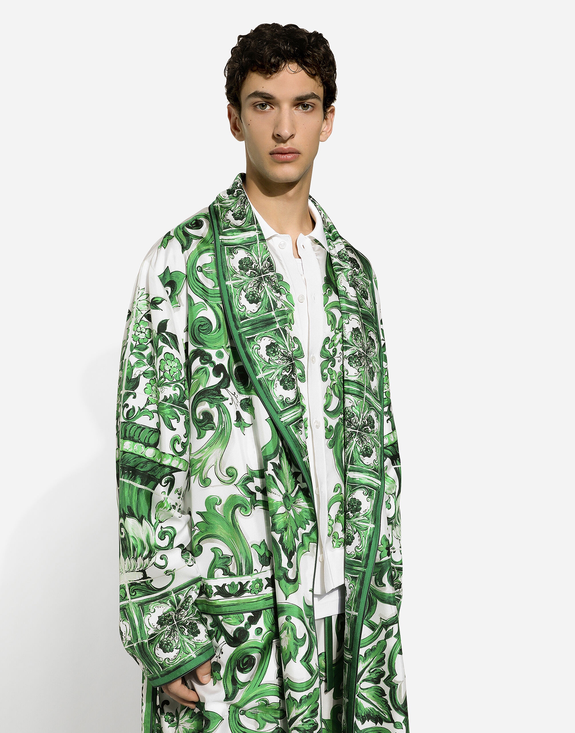 Silk twill robe with majolica print - 4