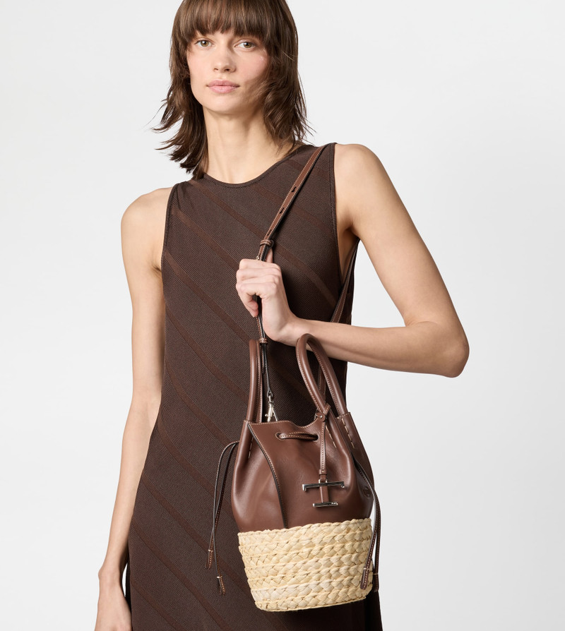 Tod's BUCKET BAG IN STRAW AND LEATHER MINI - BROWN, NATURAL outlook