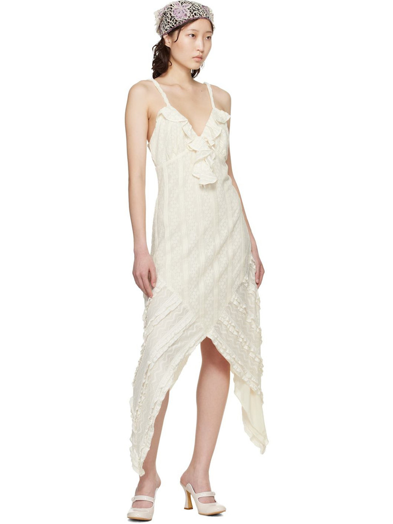 ANNA SUI Off-White Floral Ruffle Stretch Lace Handkerchief Midi Dress outlook