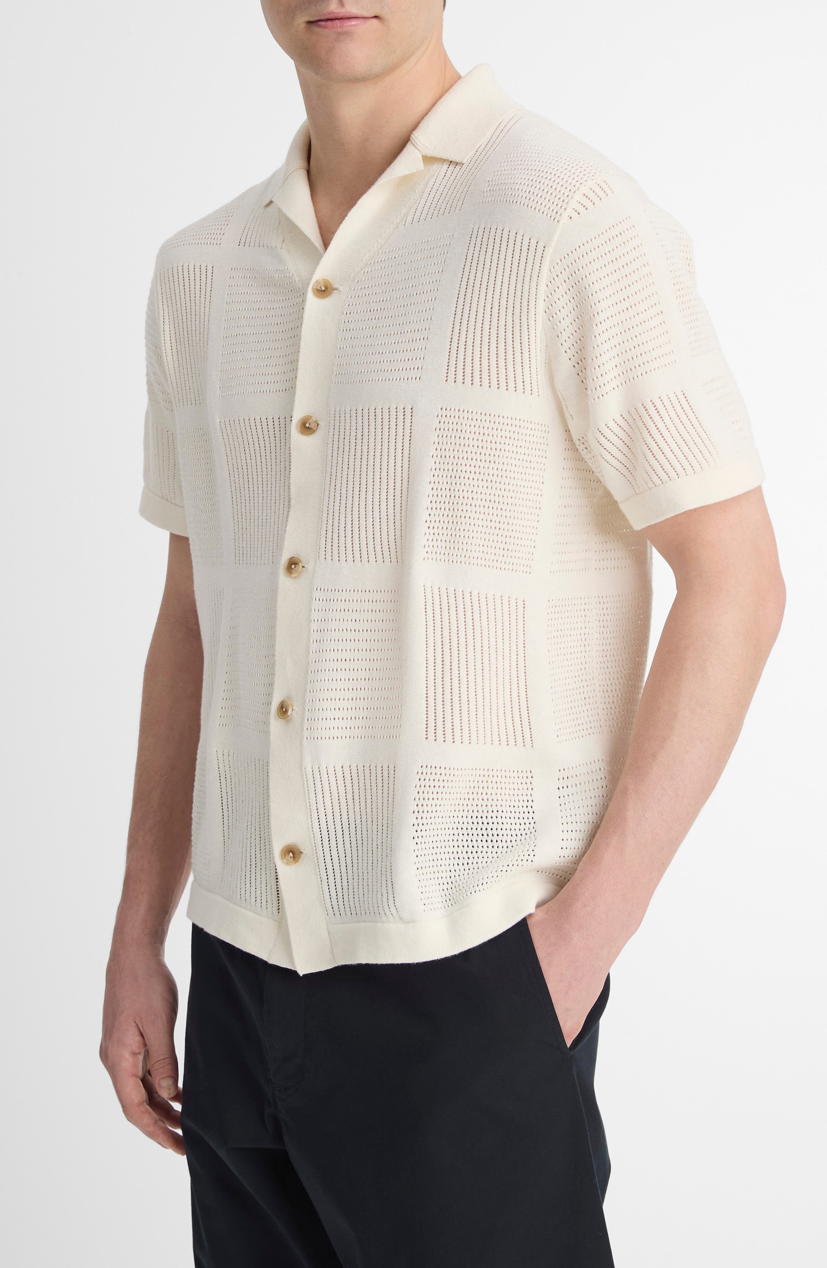 Vince Patchwork Pointelle Short Sleeve Cardigan in Classic Cream at Nordstrom - 3
