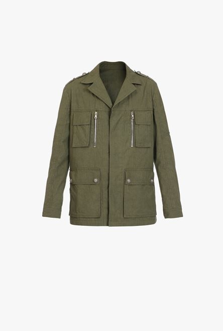 Khaki cotton jacket with embossed Balmain logo - 1