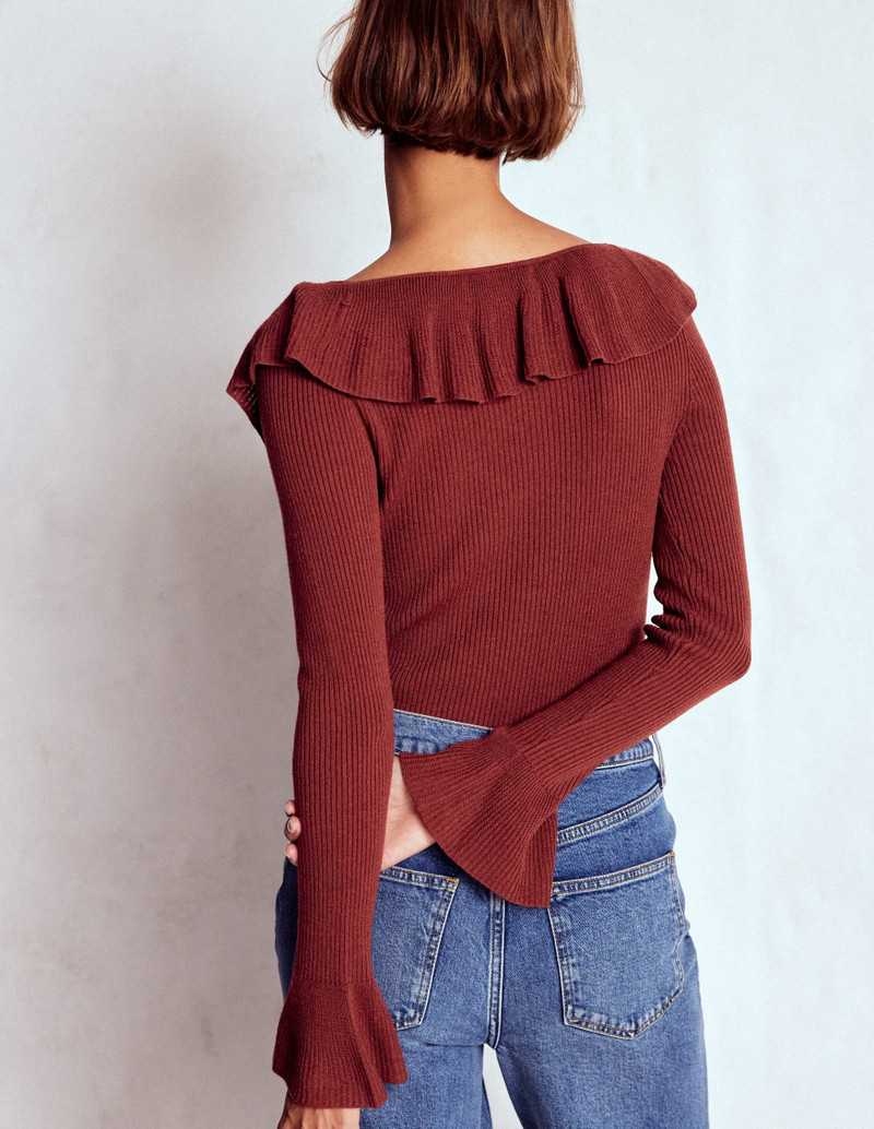 Ruffled Rib Henley Sweater-Chestnut 4