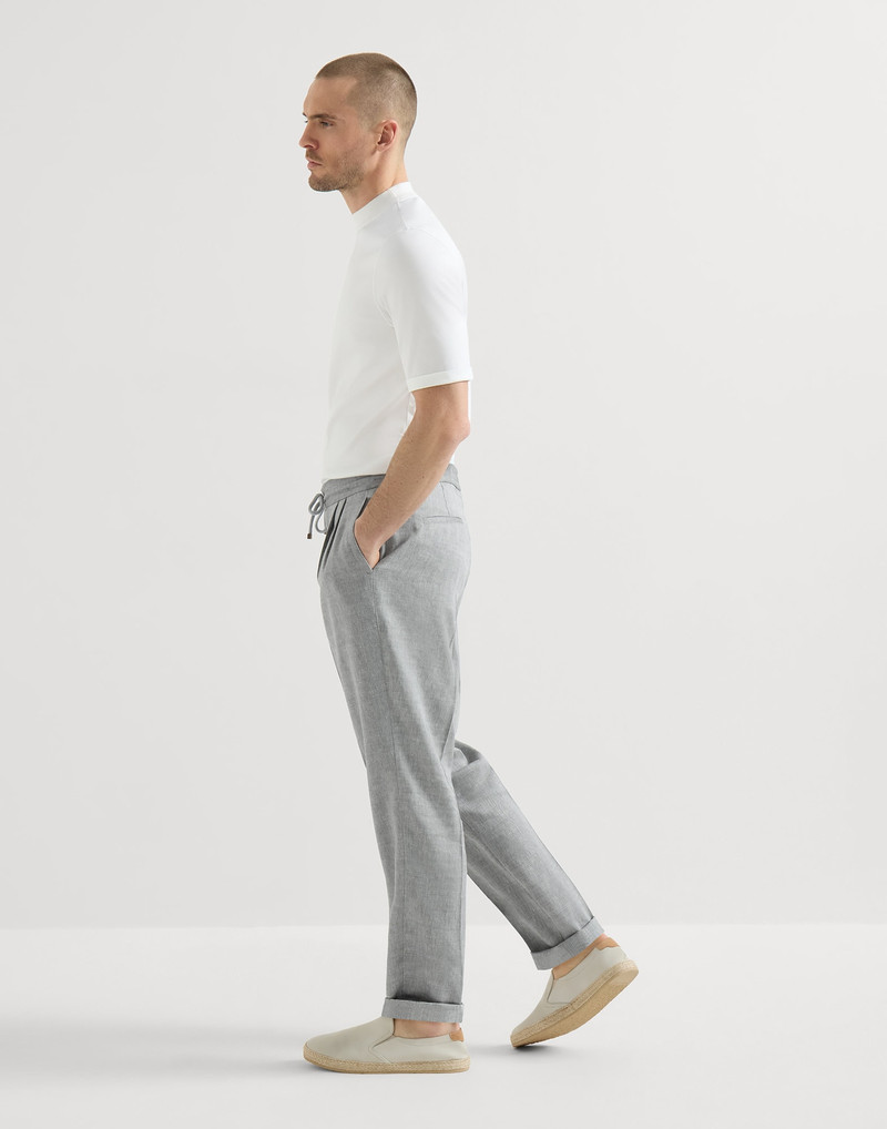 Linen and virgin wool chevron trousers with drawstring and double pleats 5