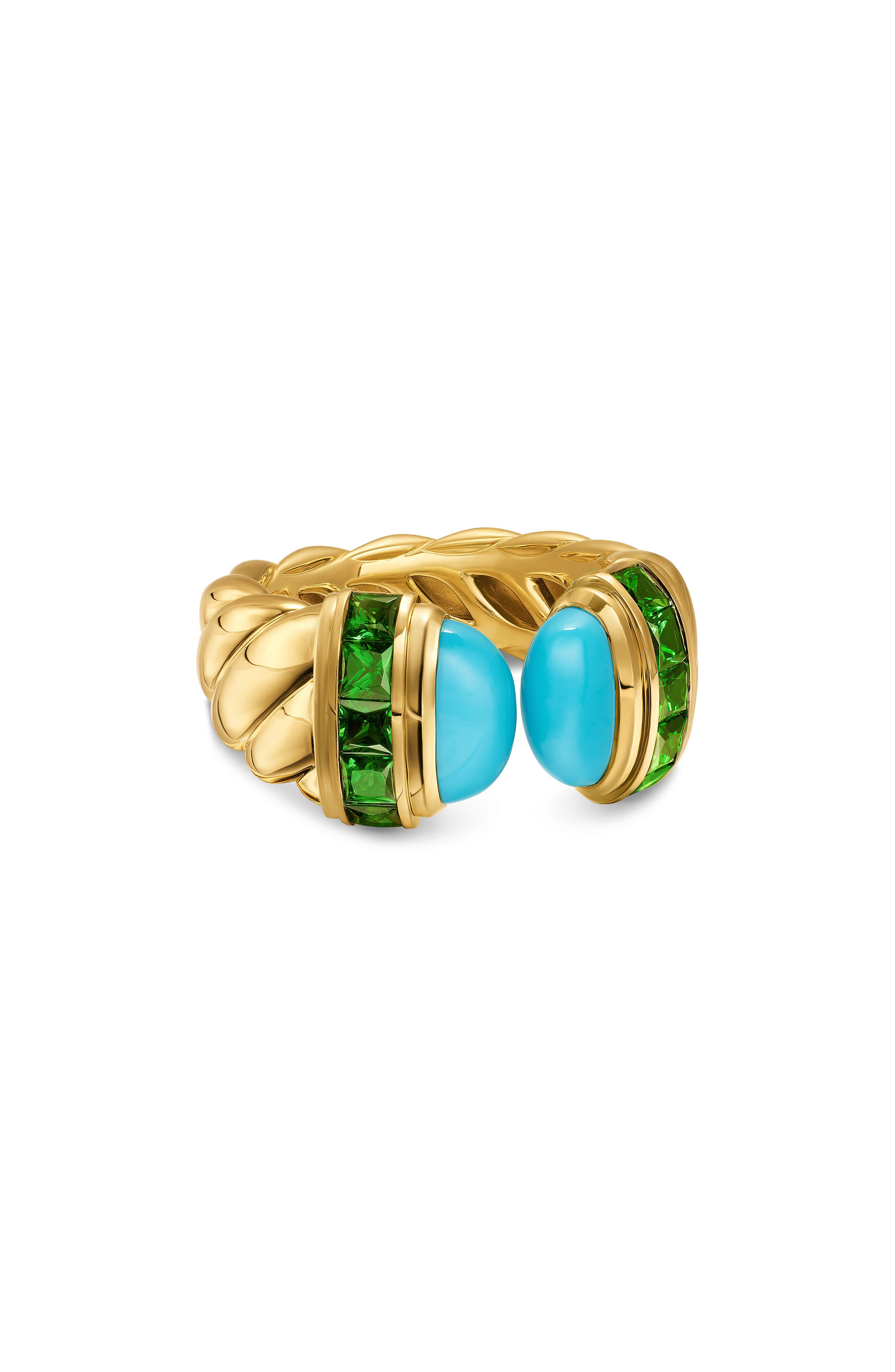 David Yurman Sculpted Cable Open Cocktail Ring in 18K Yellow Gold with Turquoise and Tsavorites, 12. - 1